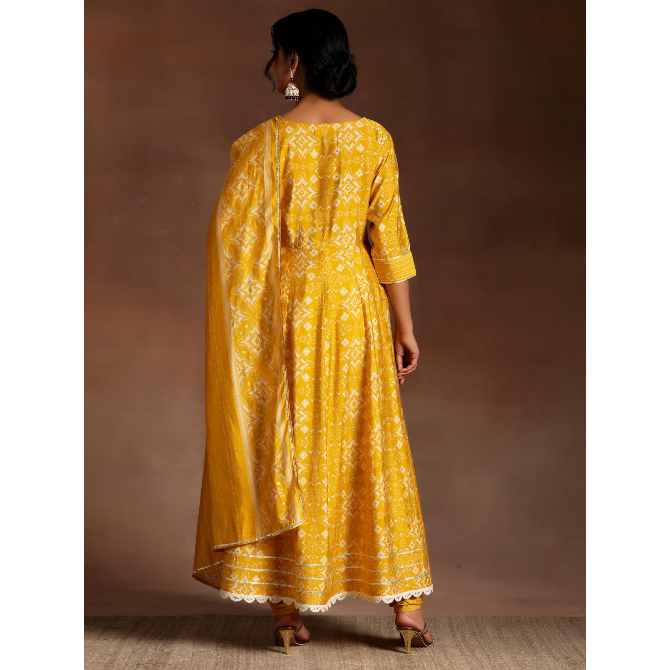 Libas Mustard Printed Silk Blend Anarkali Kurta With Churidar & Dupatta