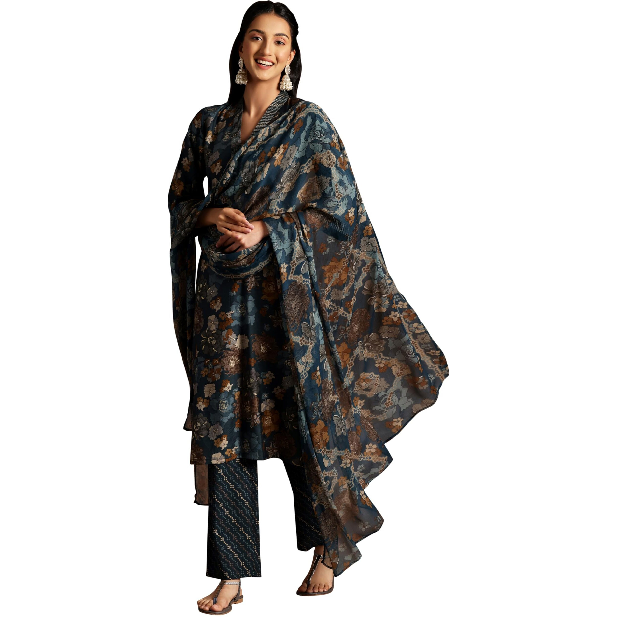Libas Womens Printed Silk Blend Straight Kurta With Trousers And Dupatta
