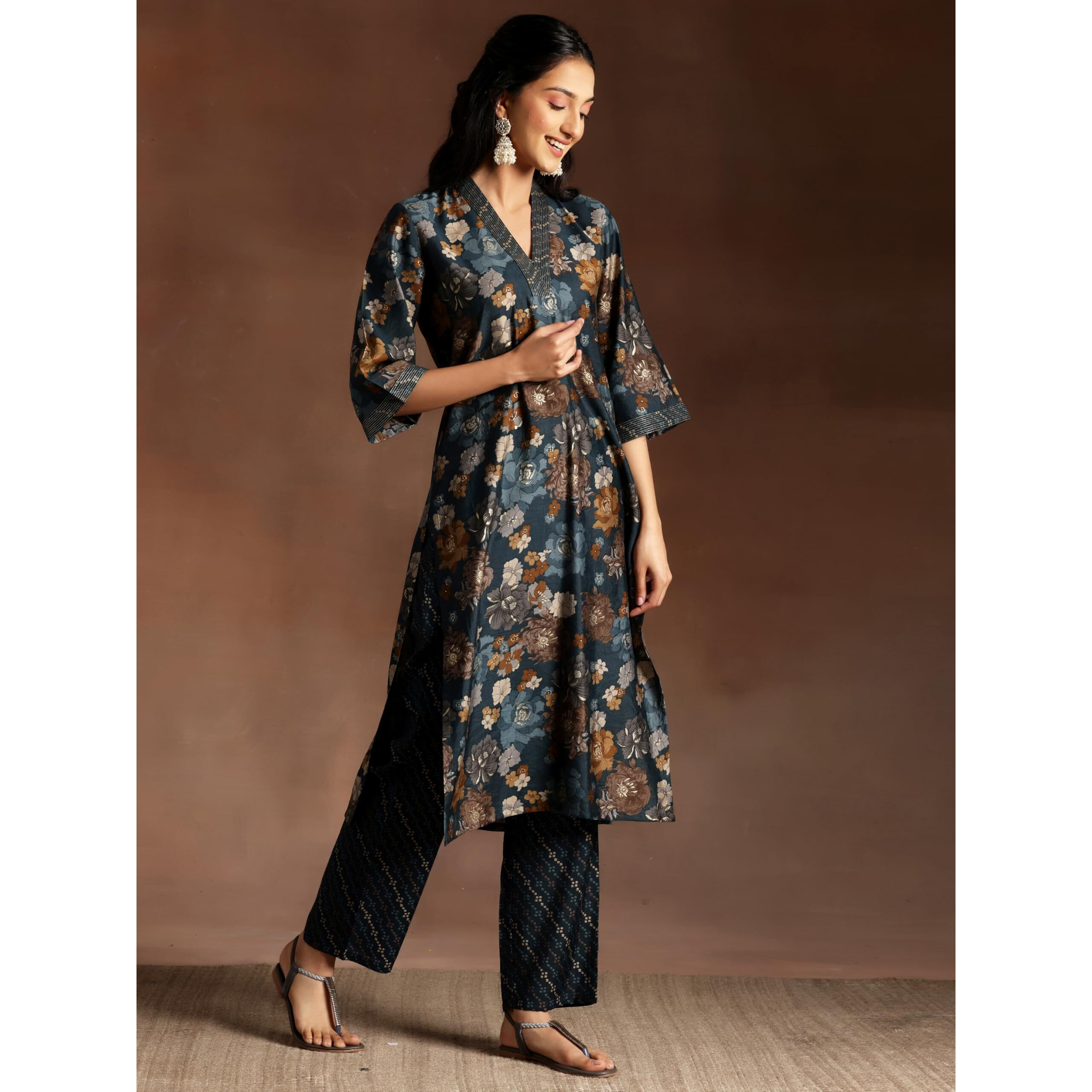 Libas Womens Printed Silk Blend Straight Kurta With Trousers And Dupatta