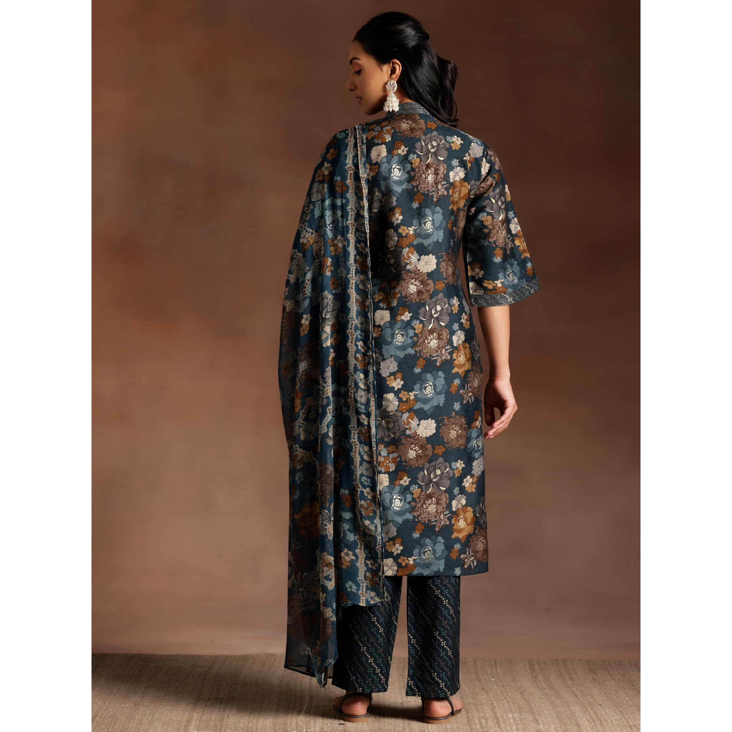 Libas Womens Printed Silk Blend Straight Kurta With Trousers And Dupatta