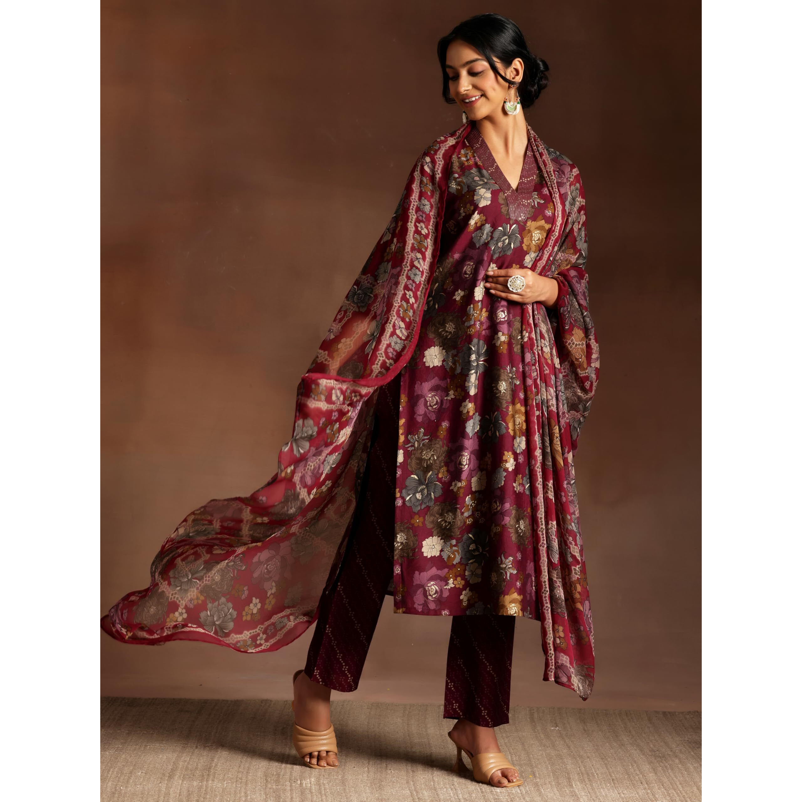 Libas Women's Silk Blend Kurta Set (35887_Burgundy_Xl)