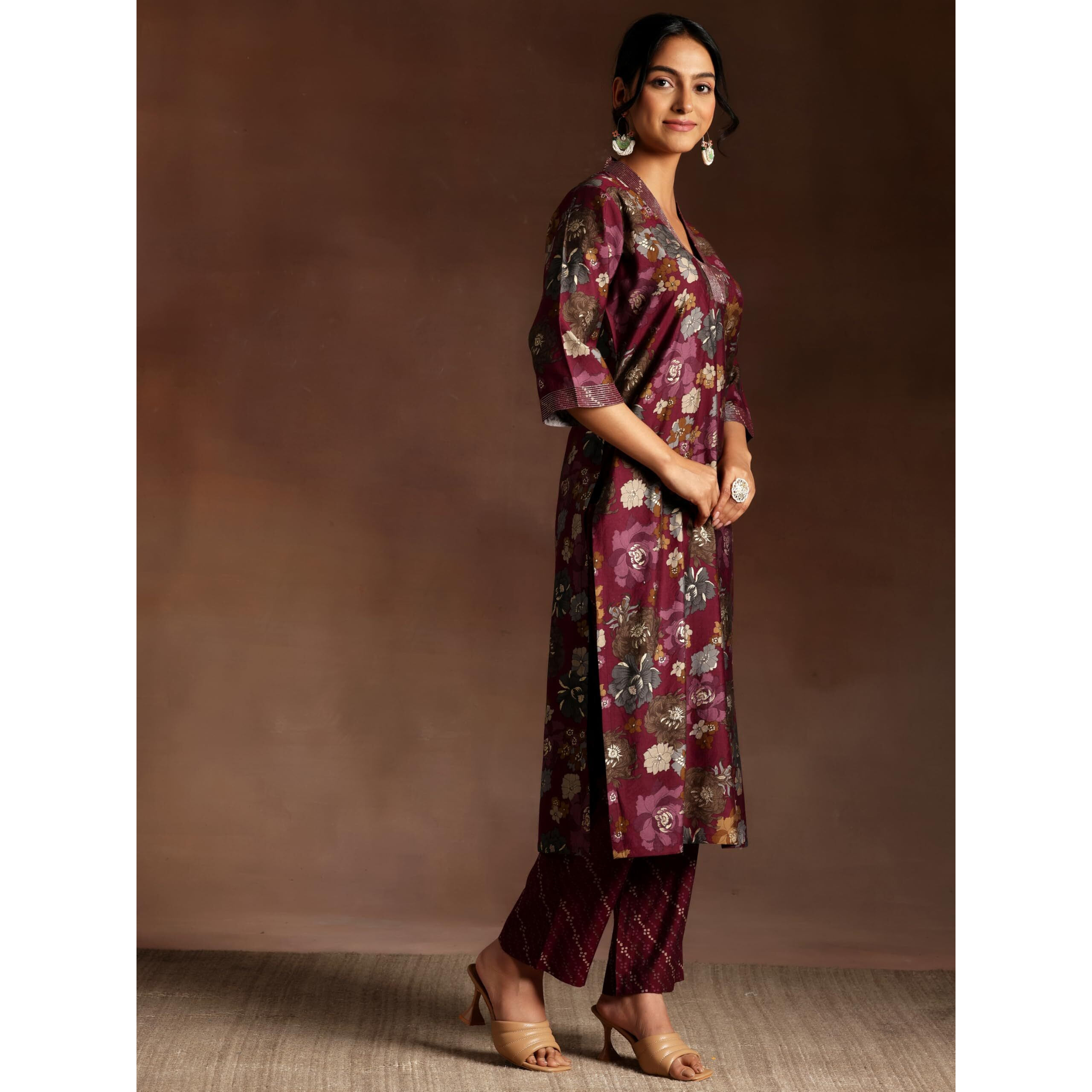 Libas Women's Silk Blend Kurta Set (35887_Burgundy_Xl)