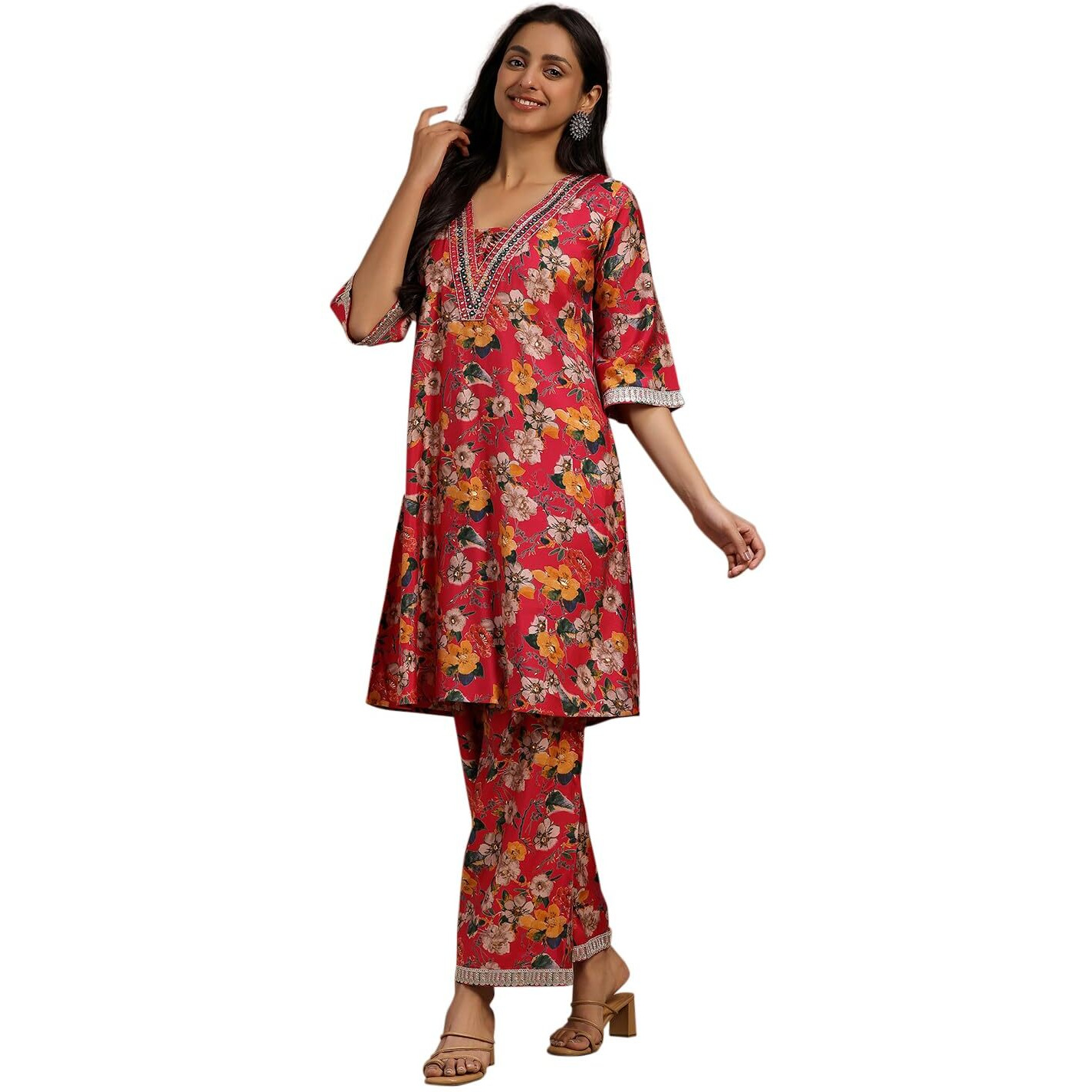 Libas Women Silk Blend Printed Co-Ord Set (35901, Pink, Xs