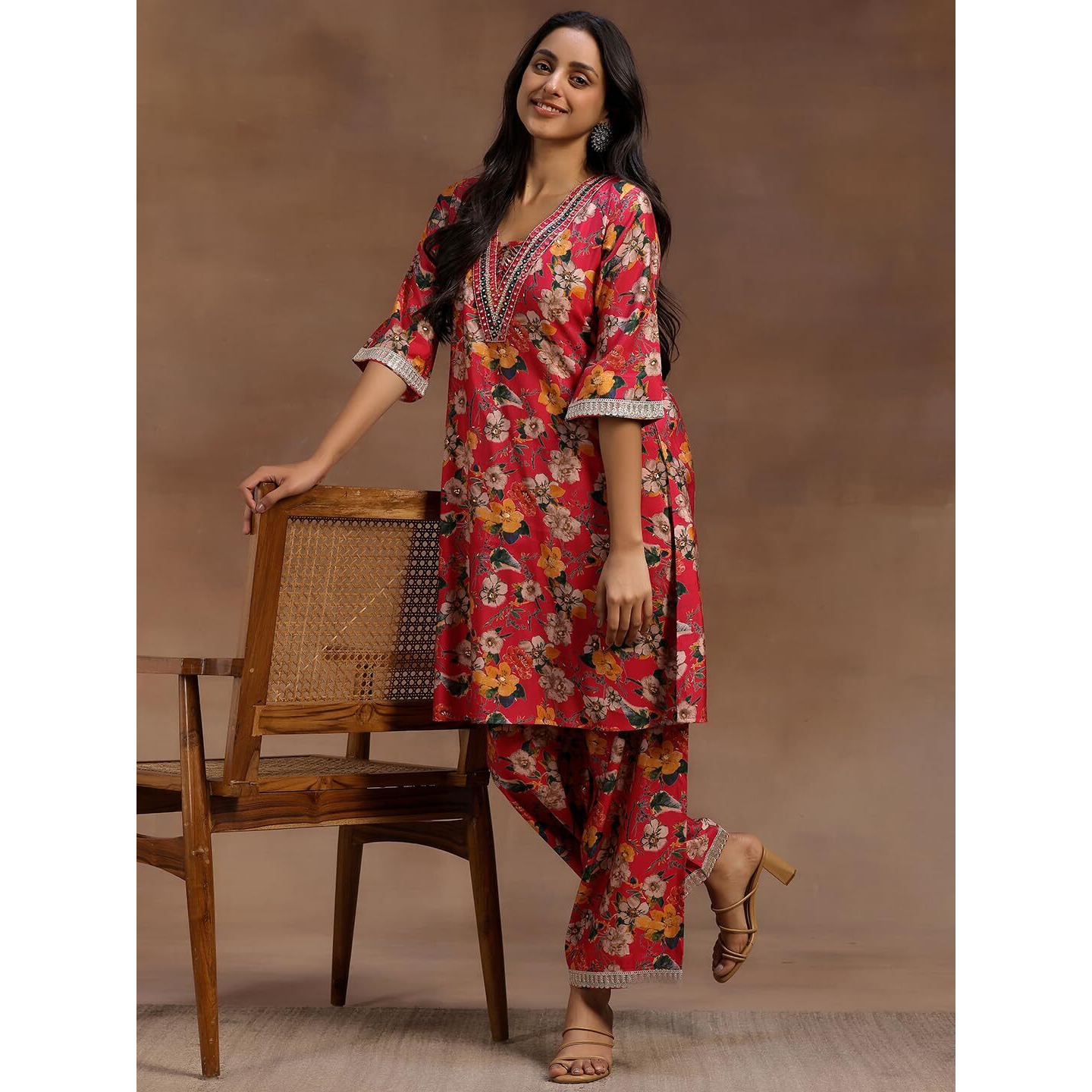 Libas Women Silk Blend Printed Co-Ord Set (35901, Pink, Xs