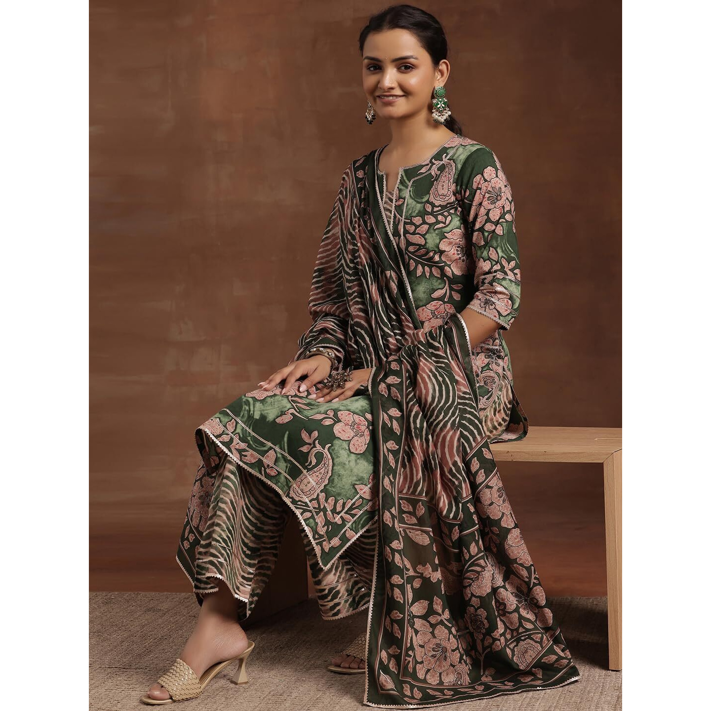 Libas Womens Printed Cotton Straight Kurta With Palazzos And Dupatta