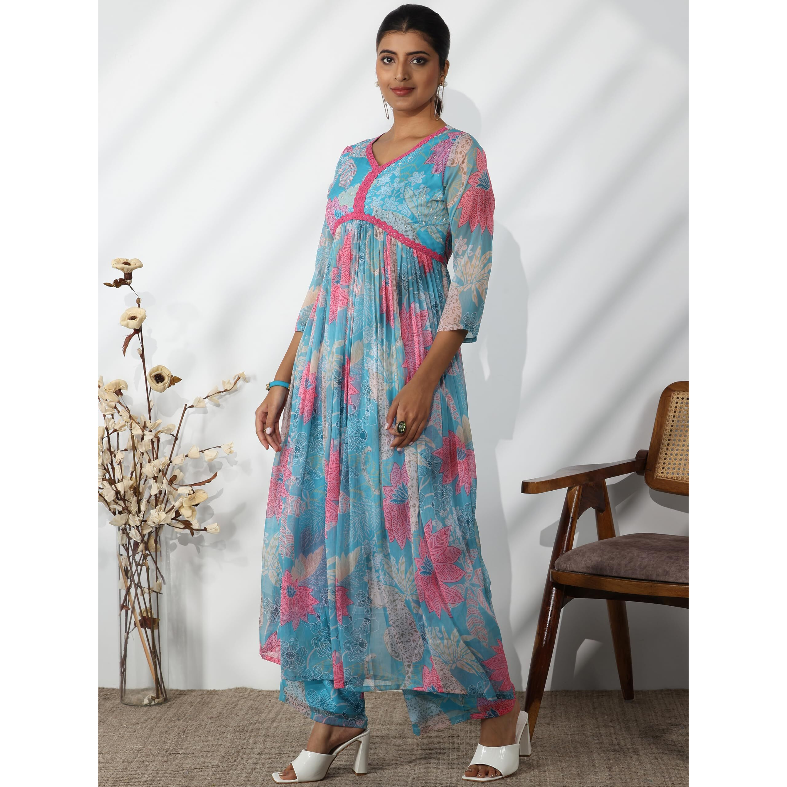 Libas Womens Printed Chiffon A-Line Kurta With Palazzos And Dupatta