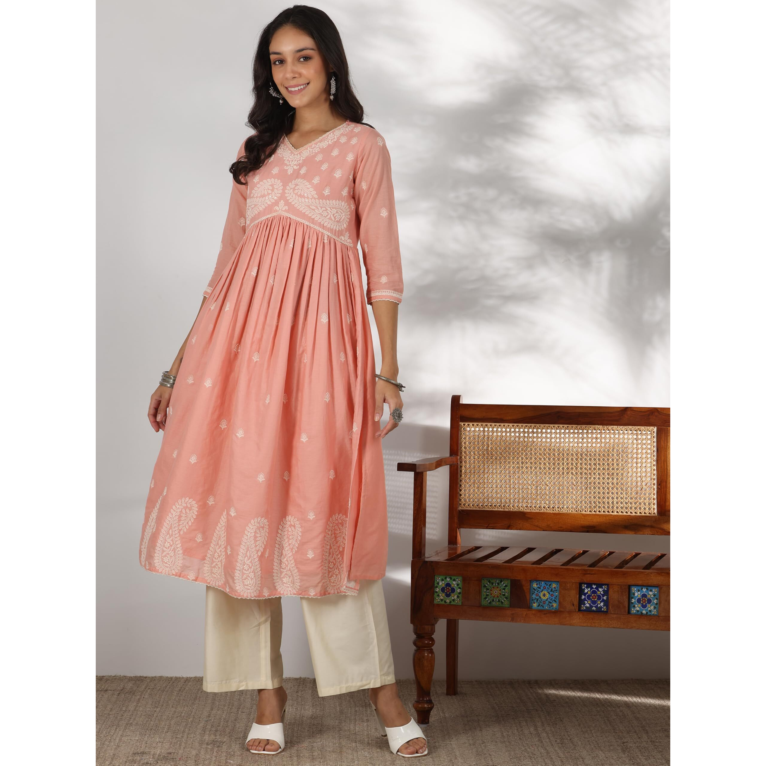 Libas Women's Cotton Paisley A-Line Kurta (37198_Peach