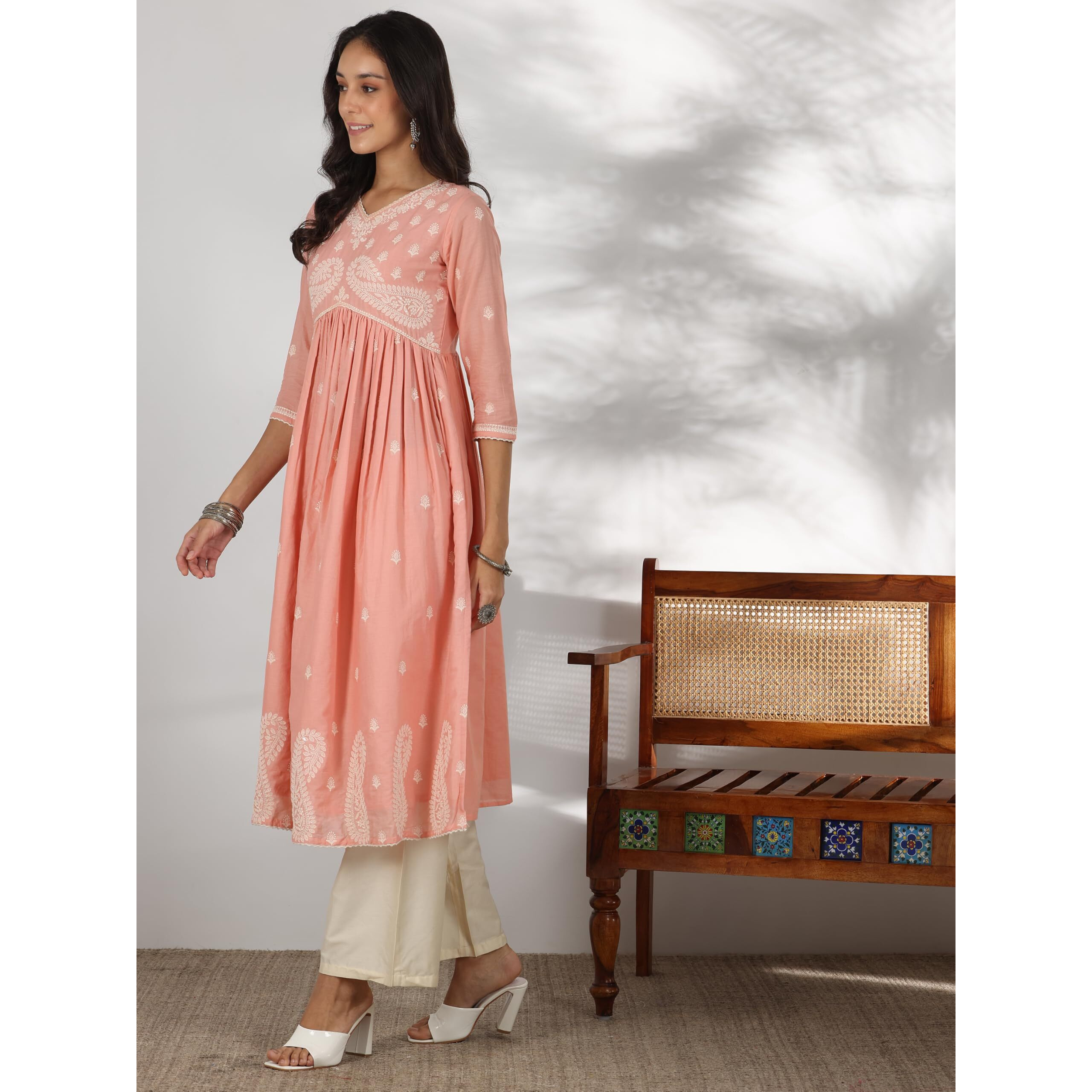 Libas Women's Cotton Paisley A-Line Kurta (37198_Peach