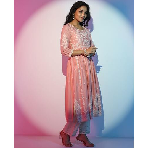 Libas Women's Cotton Ethnic Motifs A-Line Kurta (37199_Peach