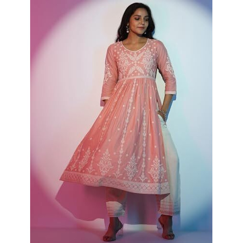 Libas Women's Cotton Ethnic Motifs A-Line Kurta (37199_Peach