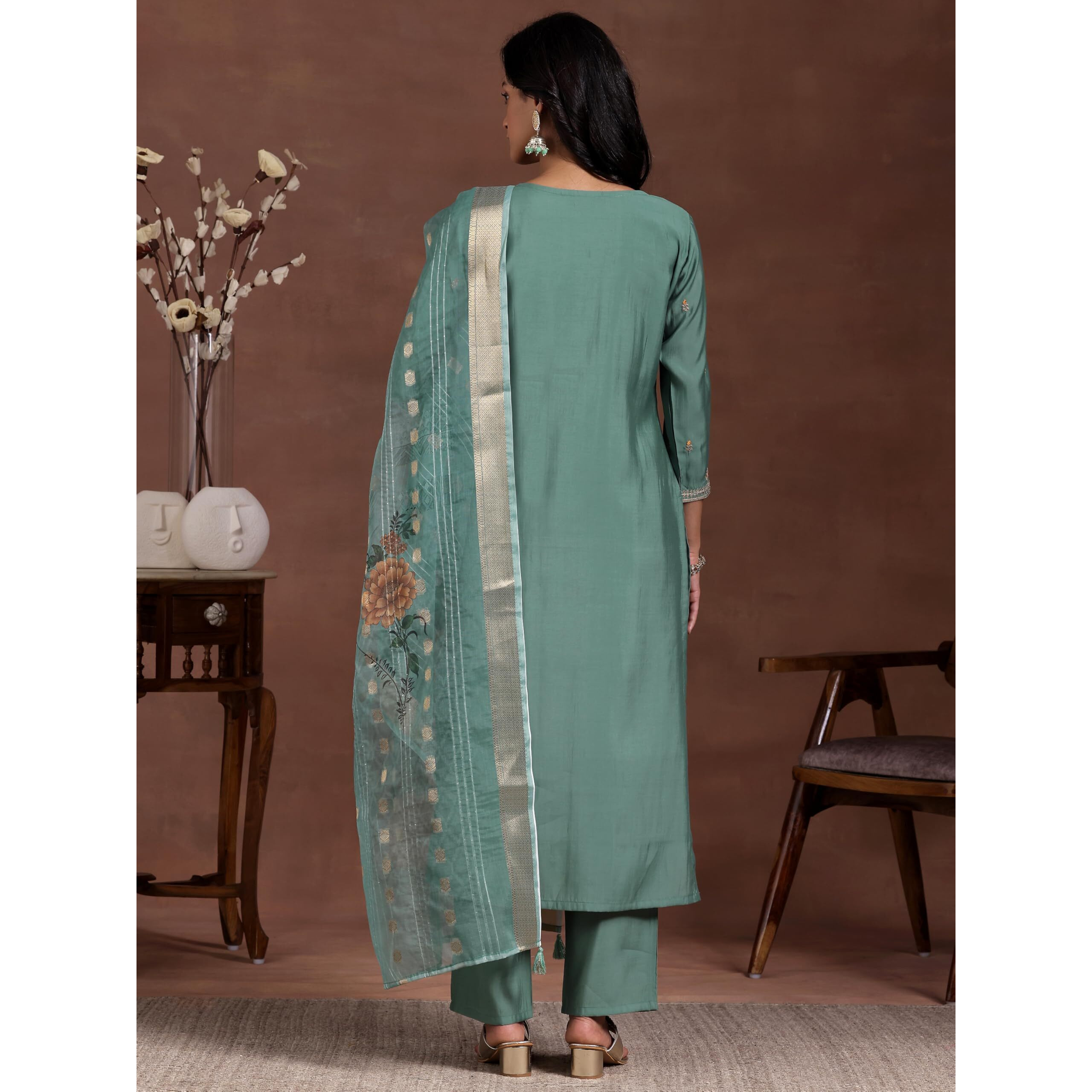 Libas Womens Embroidered Silk Blend Straight Kurta With Trousers And Dupatta