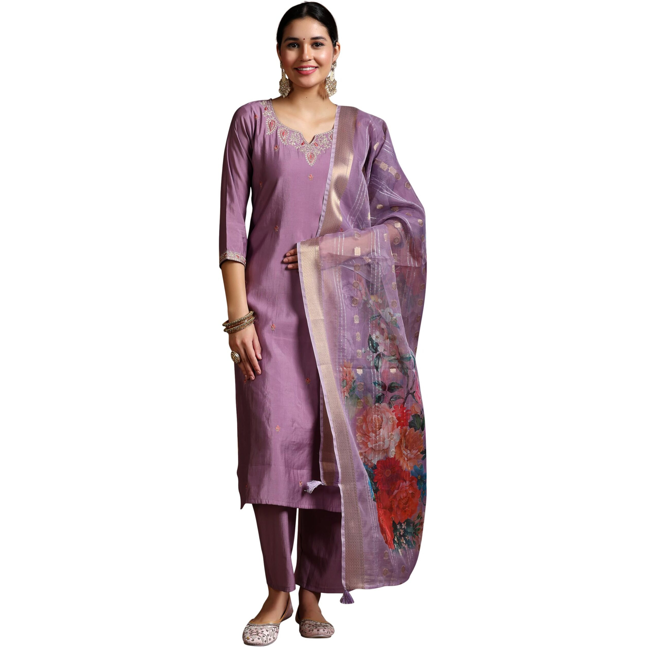 Libas Womens Embroidered Silk Blend Straight Kurta With Palazzos And Dupatta