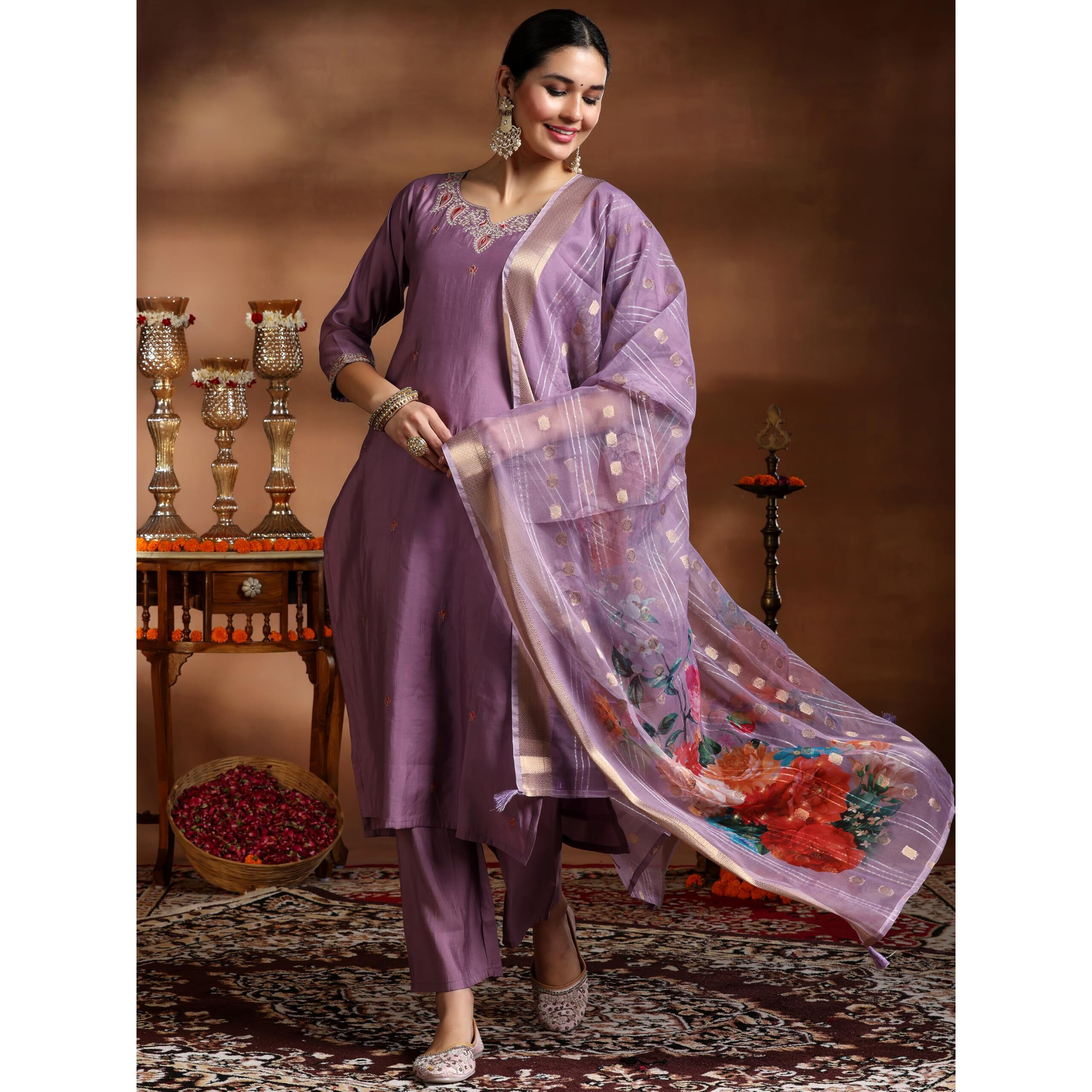 Libas Womens Embroidered Silk Blend Straight Kurta With Palazzos And Dupatta
