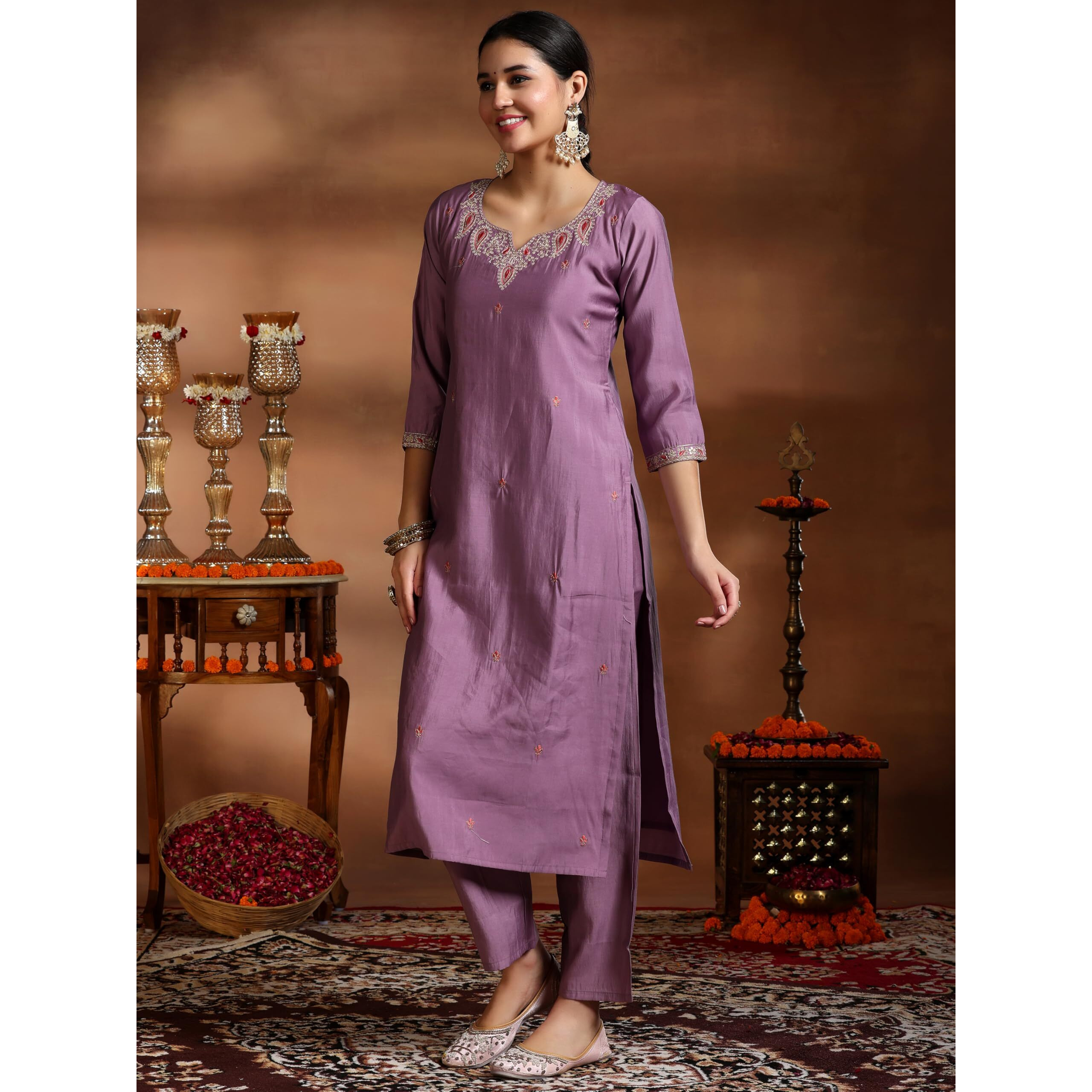 Libas Womens Embroidered Silk Blend Straight Kurta With Palazzos And Dupatta