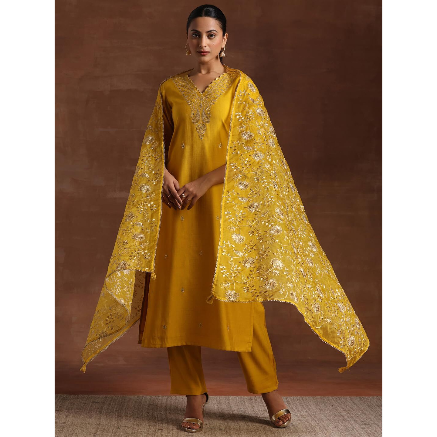 Libas Women's Silk Blend Kurta Set (27676_Mustard_Xs)