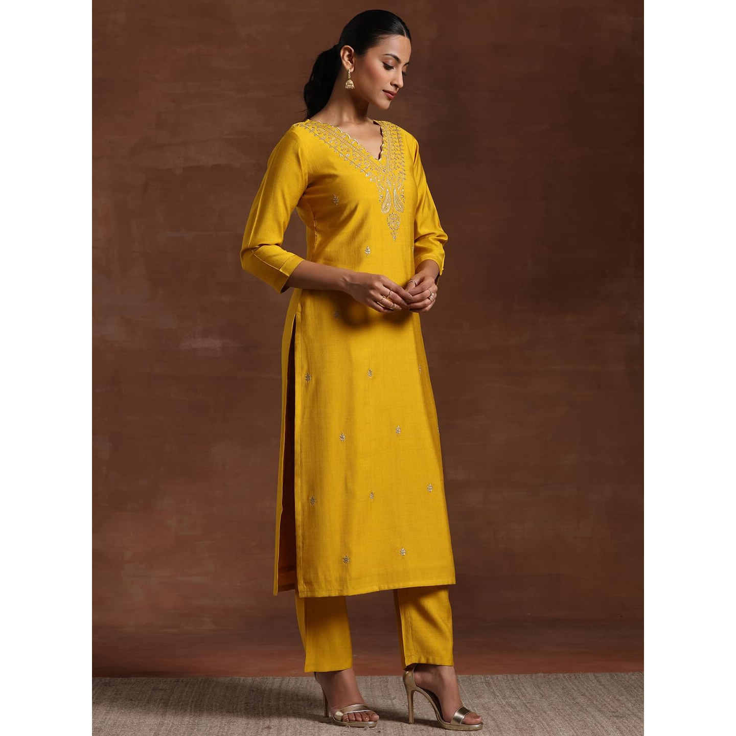 Libas Women's Silk Blend Kurta Set (27676_Mustard_Xs)