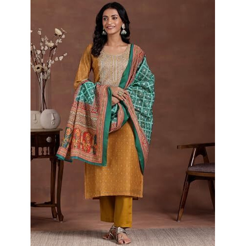 Libas Women's Silk Blend Kurta Set (27679_Mustard