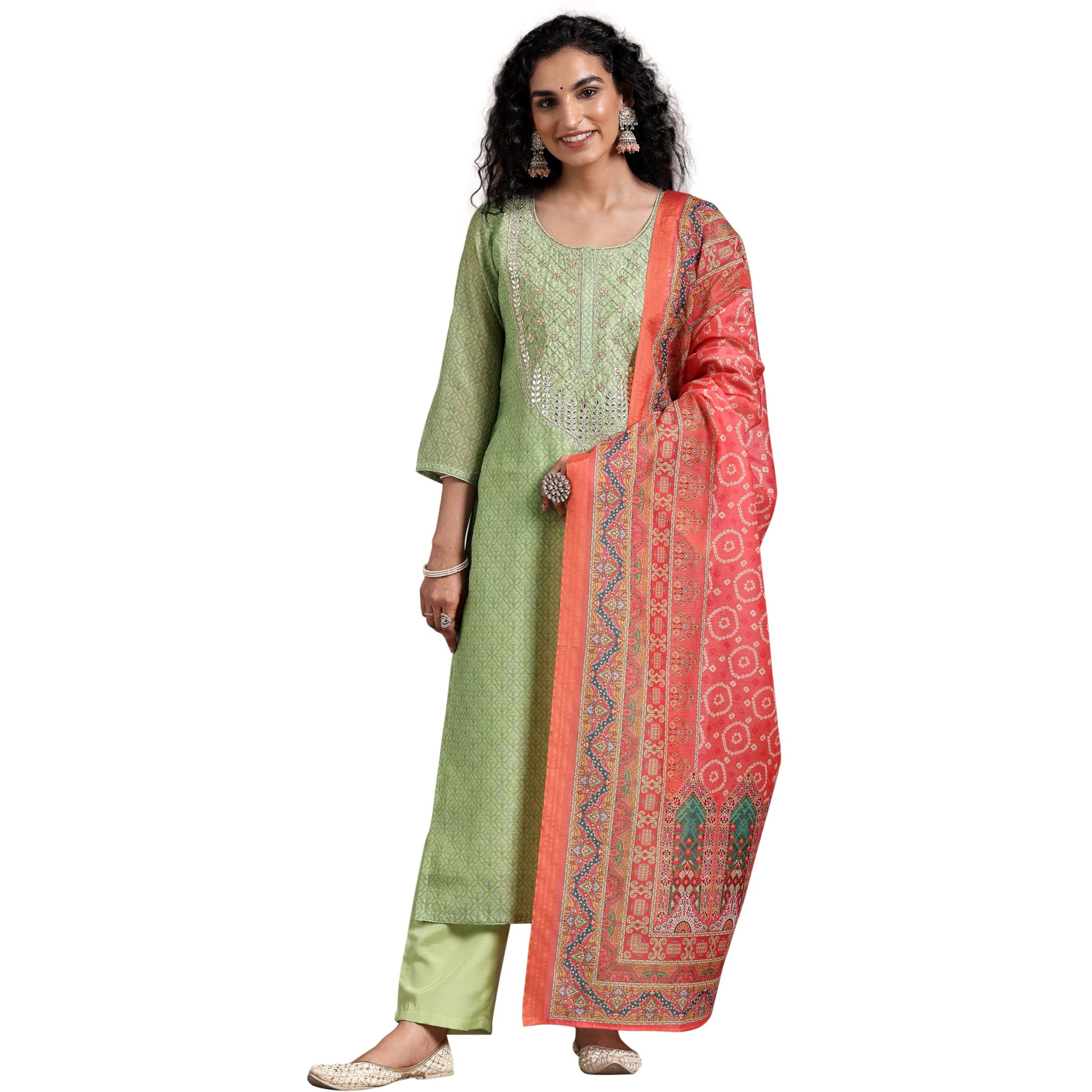 Libas Women Silk Blend Printed Kurta Set (27680_Green, Xs