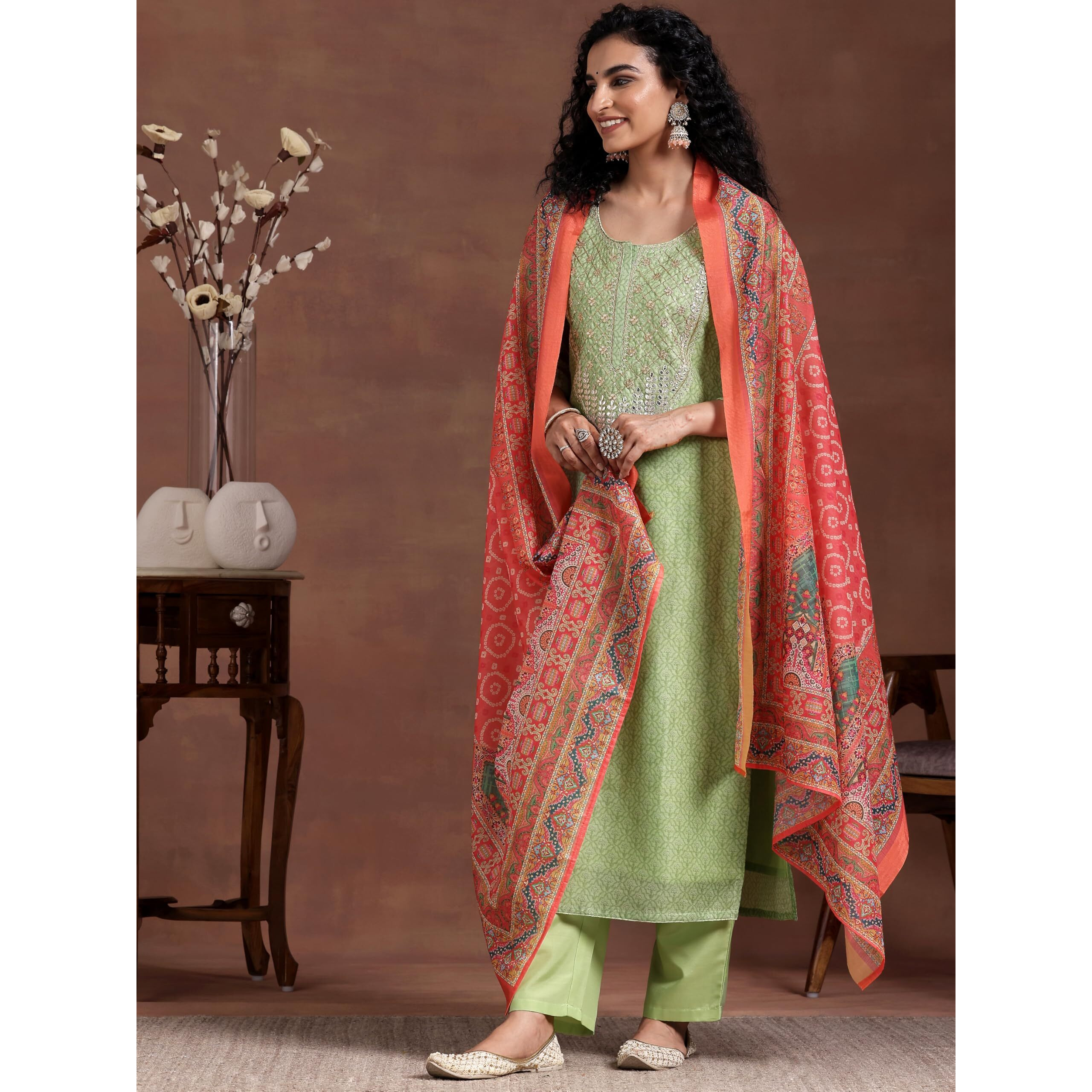 Libas Women Silk Blend Printed Kurta Set (27680_Green, Xs