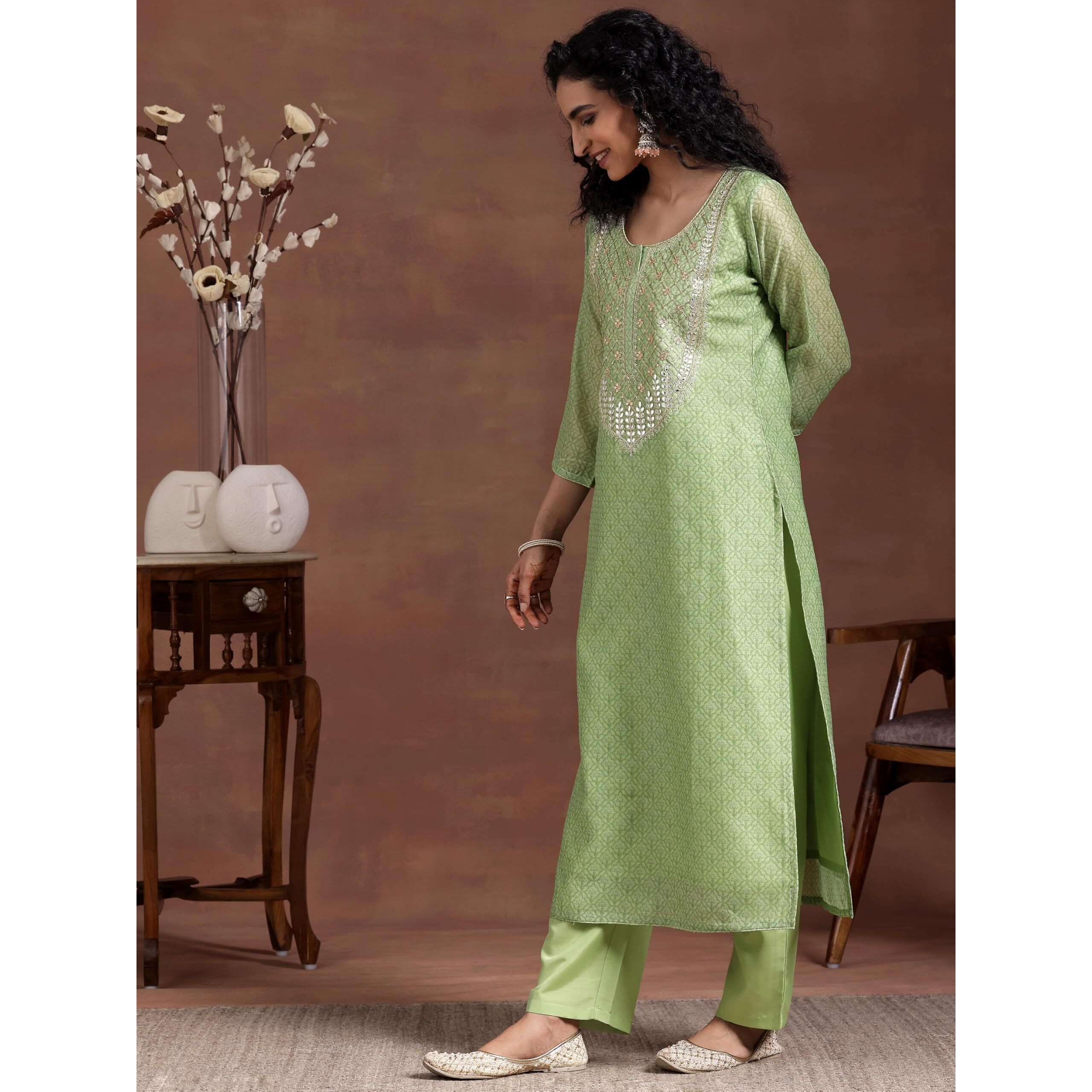 Libas Women Silk Blend Printed Kurta Set (27680_Green, Xs