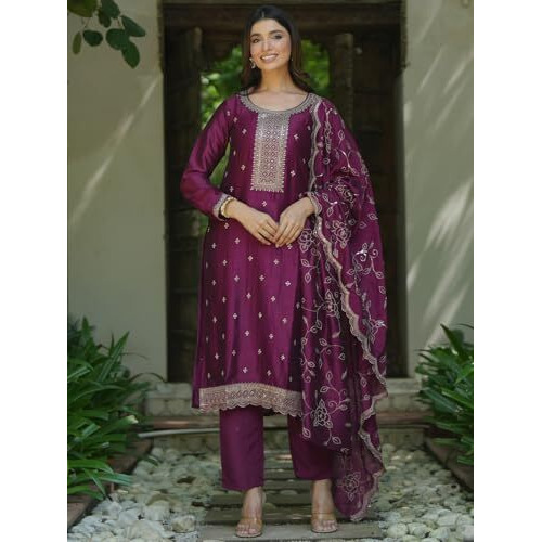Libas Womens Embroidered Silk Blend Straight Kurta With Trousers And Dupatta