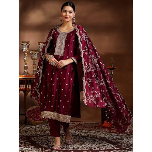 Libas Womens Embroidered Silk Blend Straight Kurta With Trousers And Dupatta
