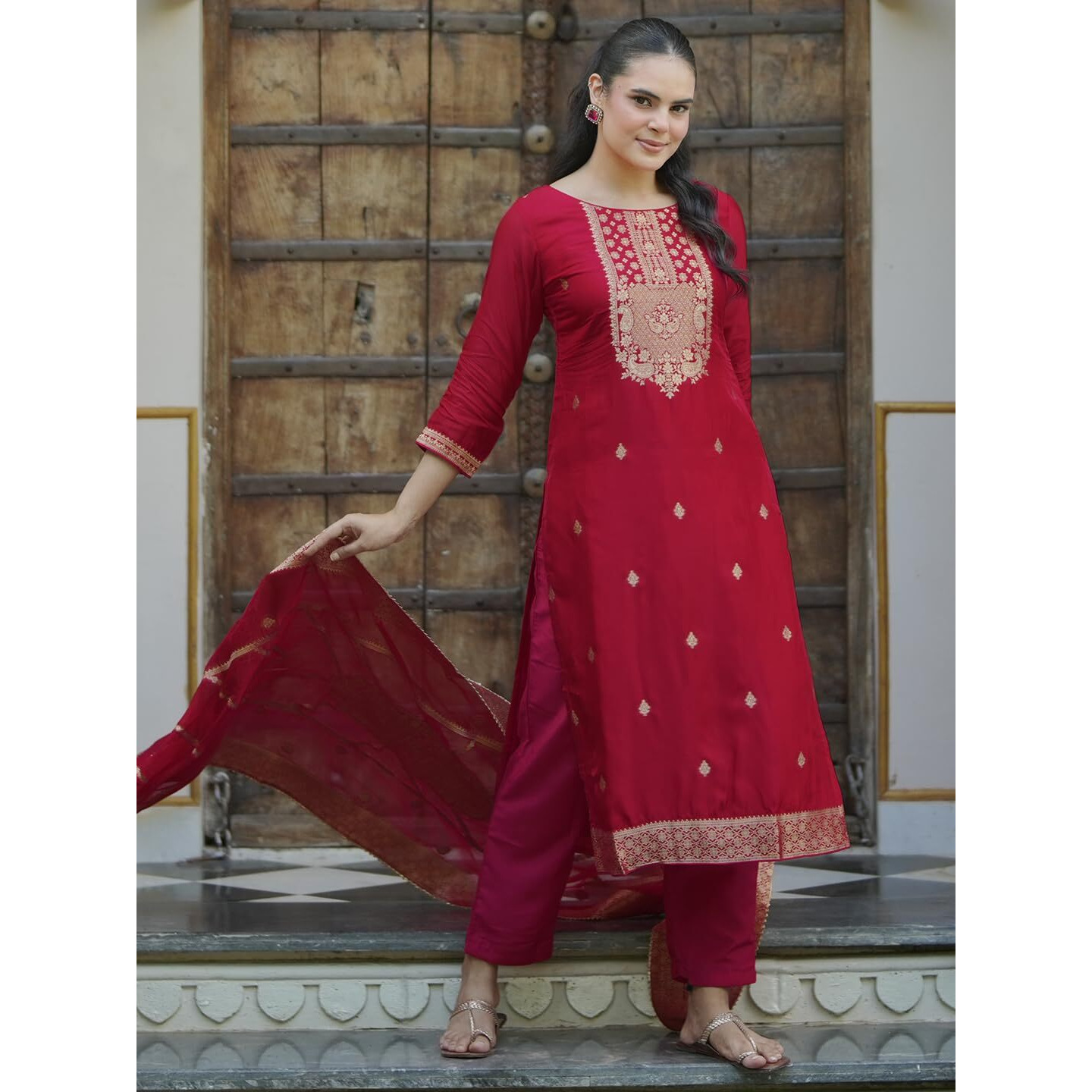 Libas Women's Silk Blend Kurta Set (27698_Red