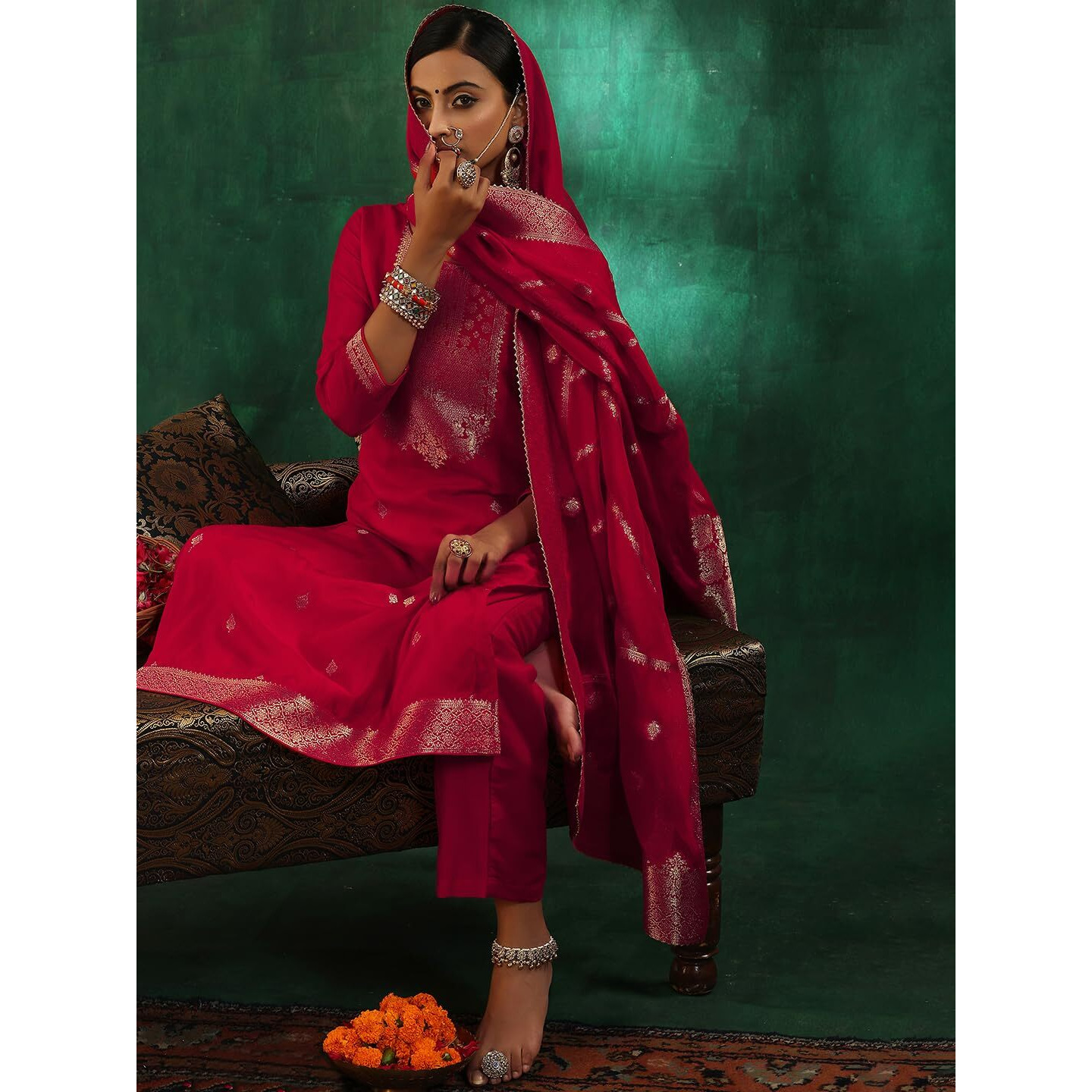 Libas Women's Silk Blend Kurta Set (27698_Red