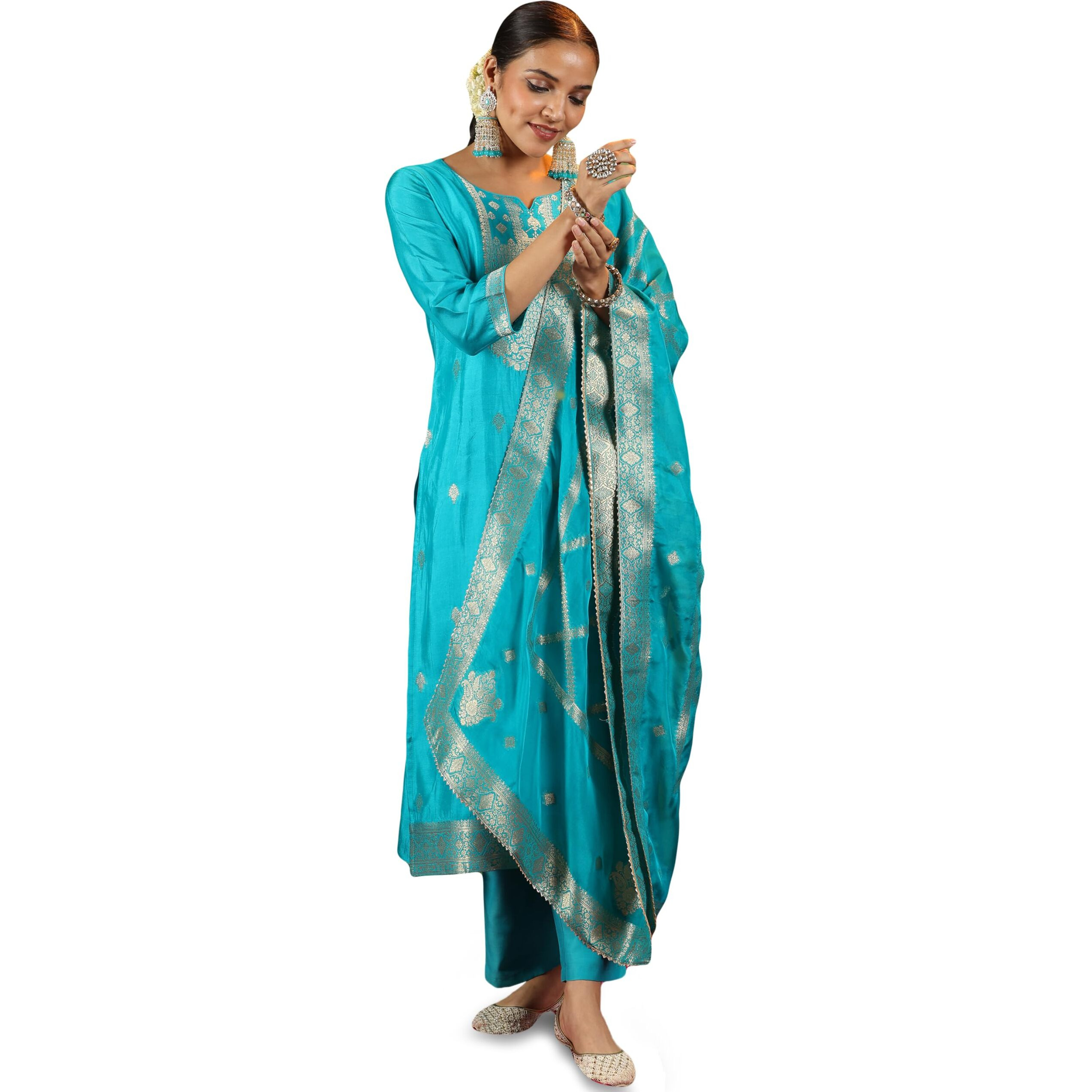 Libas Womens Woven Design Silk Blend Straight Kurta With Trousers And Dupatta