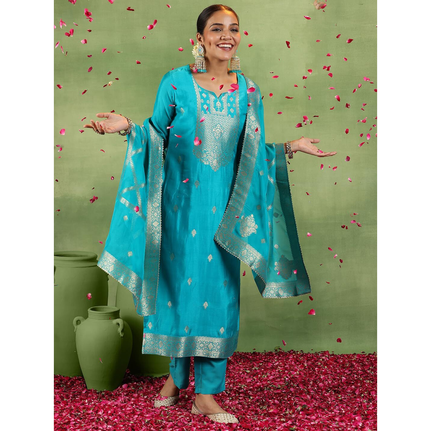 Libas Womens Woven Design Silk Blend Straight Kurta With Trousers And Dupatta