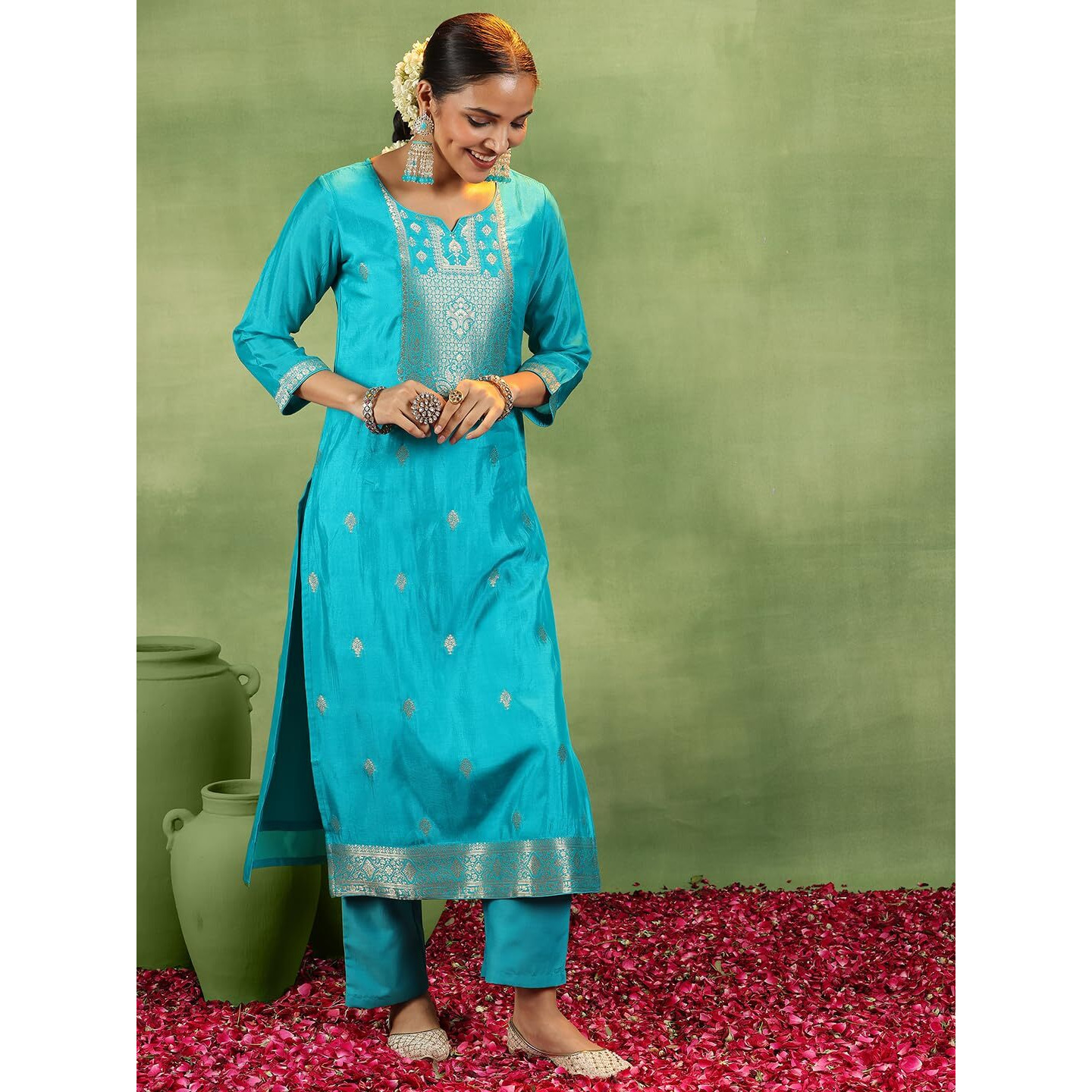 Libas Womens Woven Design Silk Blend Straight Kurta With Trousers And Dupatta