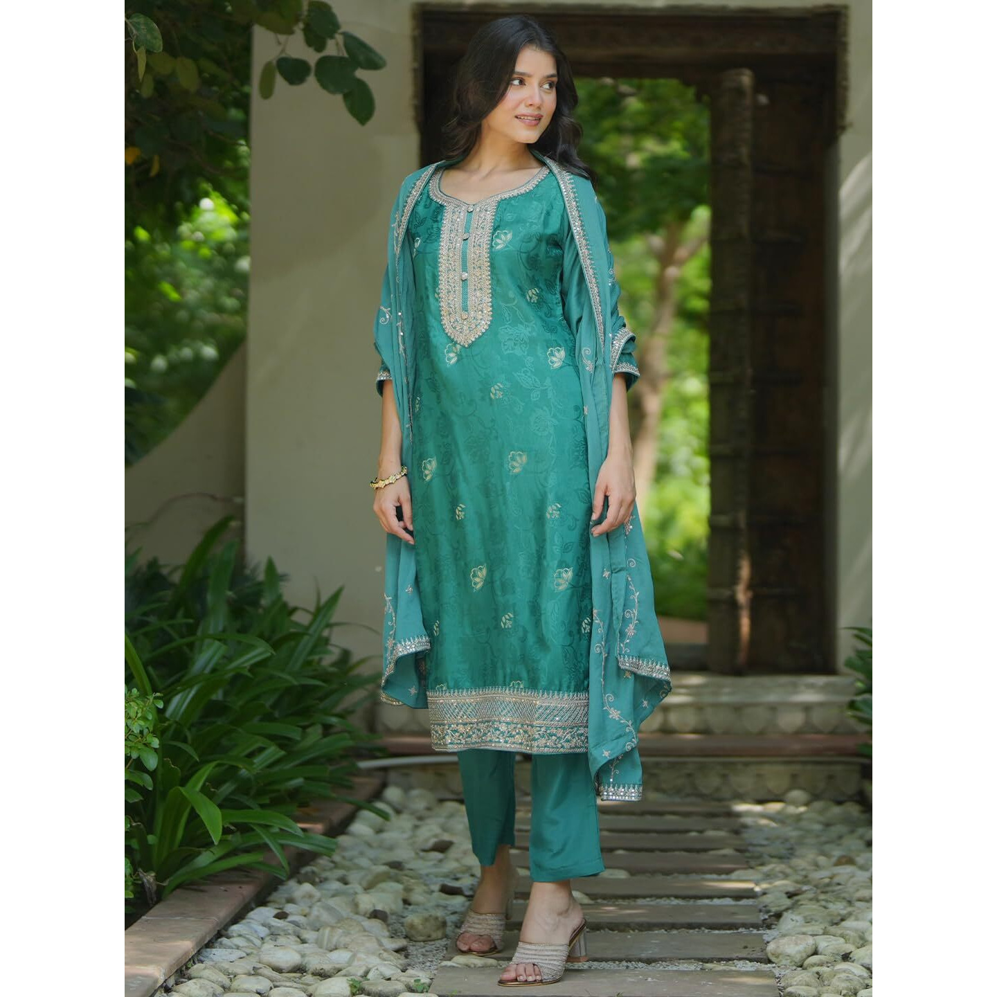 Libas Womens Woven Design Silk Blend Straight Kurta With Palazzos And Dupatta