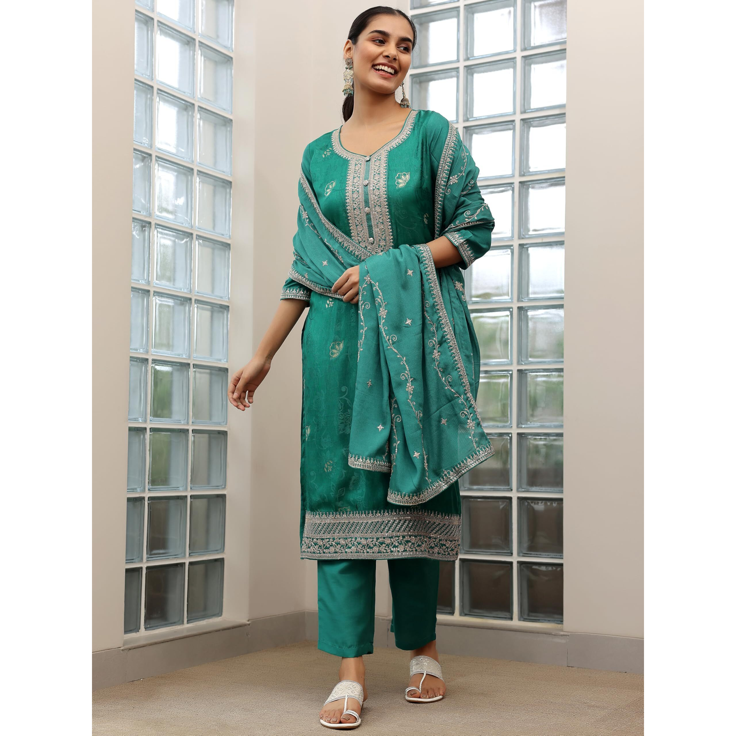 Libas Womens Woven Design Silk Blend Straight Kurta With Palazzos And Dupatta