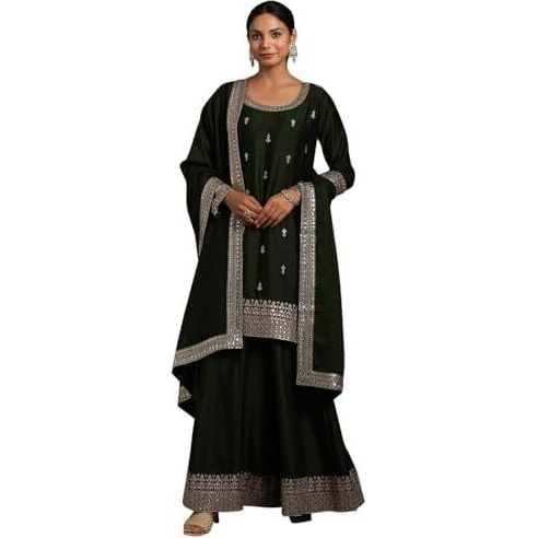 Libas Womens Embroidered Silk Blend Straight Kurta With Palazzos And Dupatta