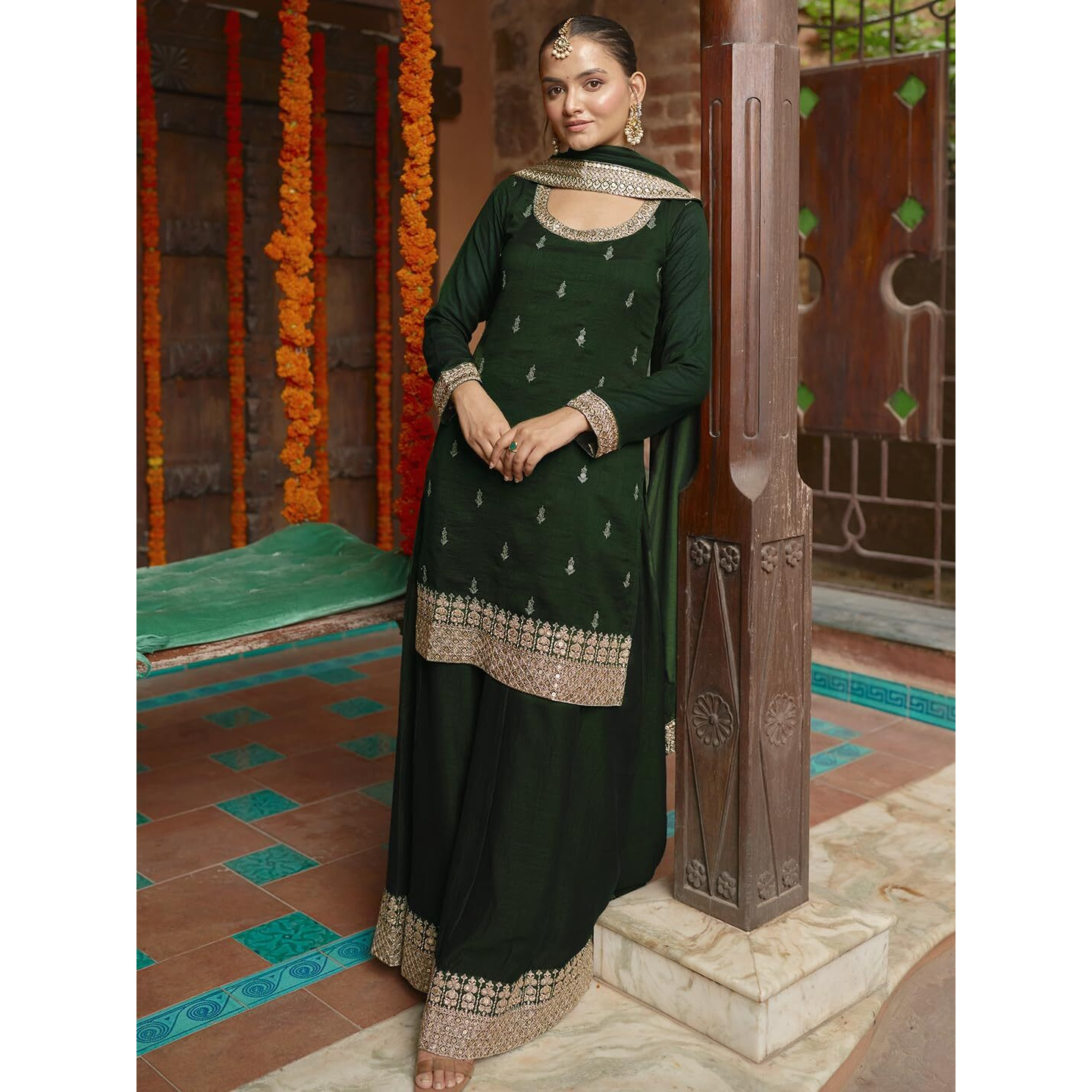 Libas Womens Embroidered Silk Blend Straight Kurta With Palazzos And Dupatta