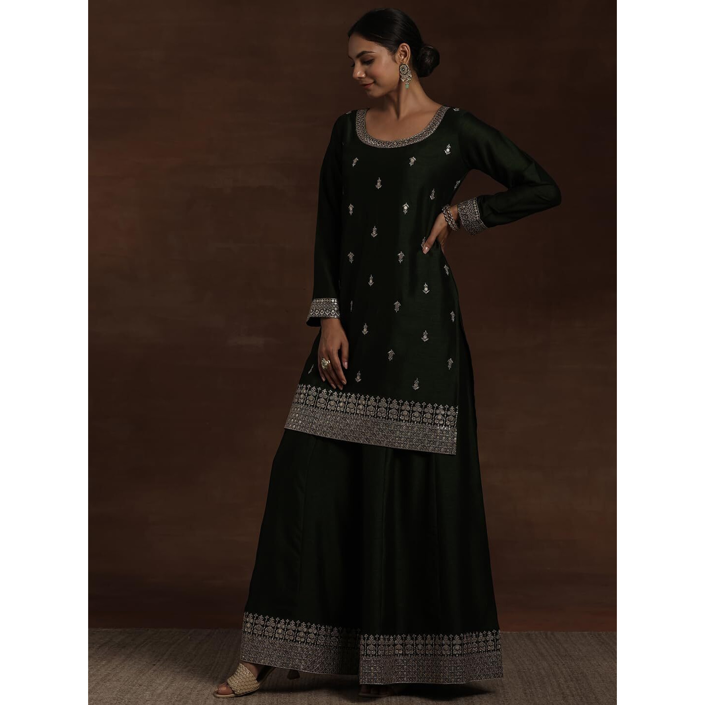 Libas Womens Embroidered Silk Blend Straight Kurta With Palazzos And Dupatta