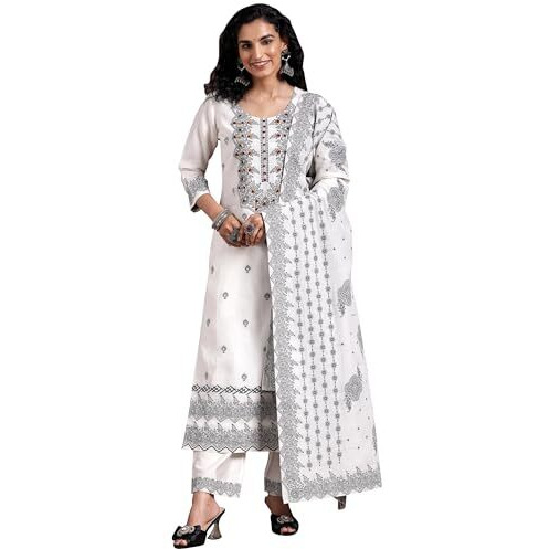 Libas Womens Woven Design Linen Straight Kurta With Palazzos And Dupatta