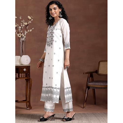 Libas Womens Woven Design Linen Straight Kurta With Palazzos And Dupatta