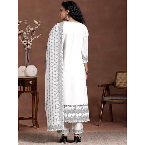 Libas Womens Woven Design Linen Straight Kurta With Palazzos And Dupatta