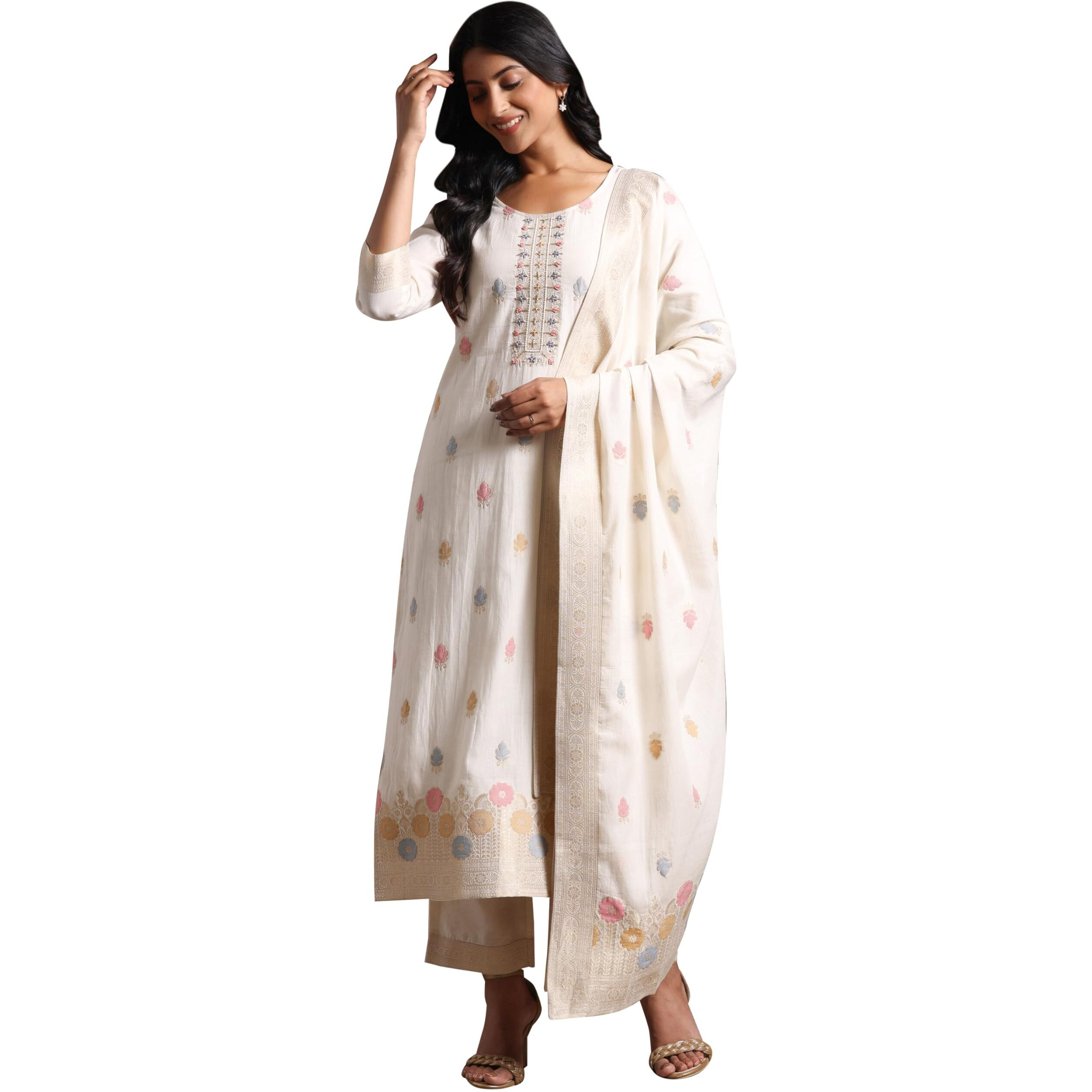 Libas Women's Linen Kurta Set (27819_Off White