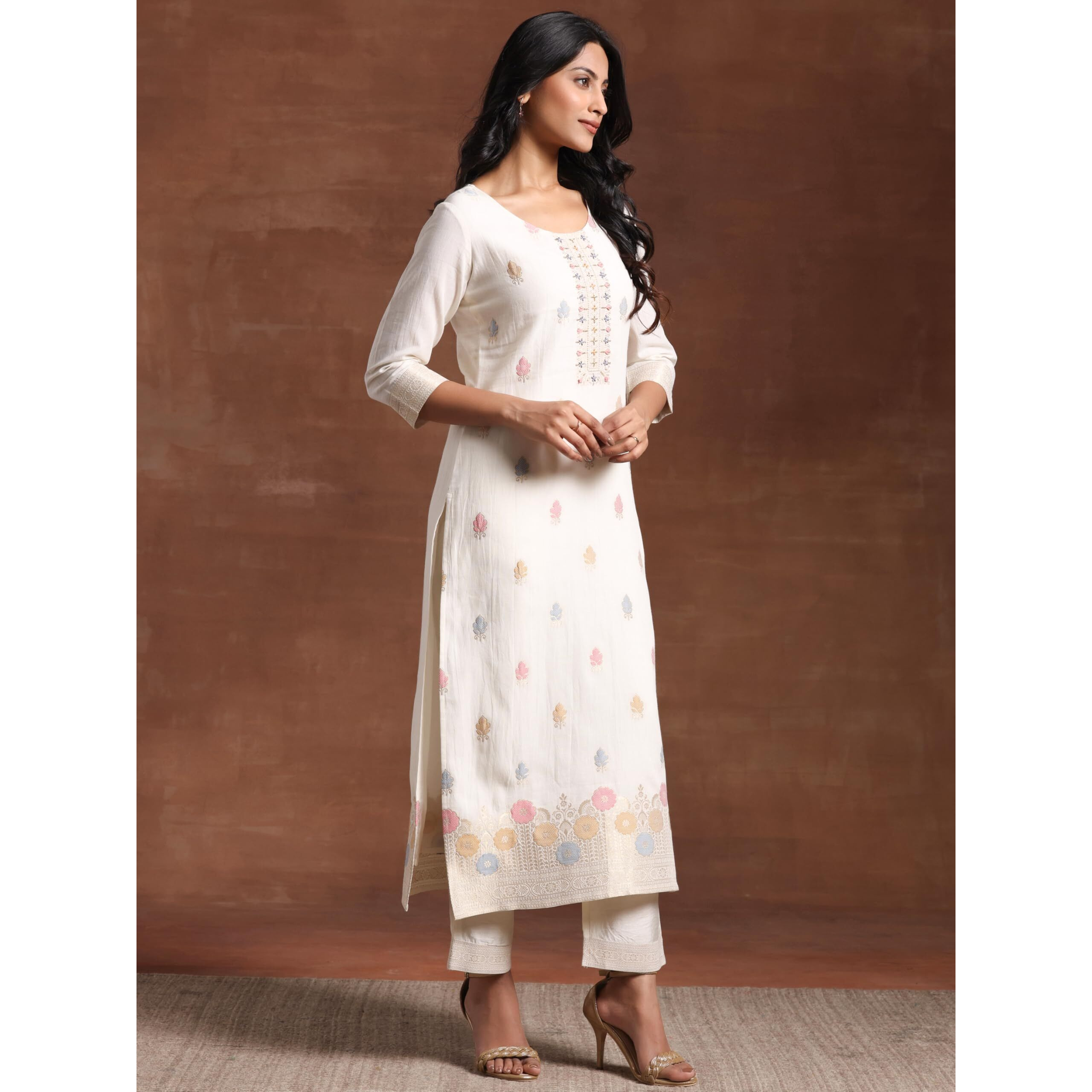 Libas Women's Linen Kurta Set (27819_Off White