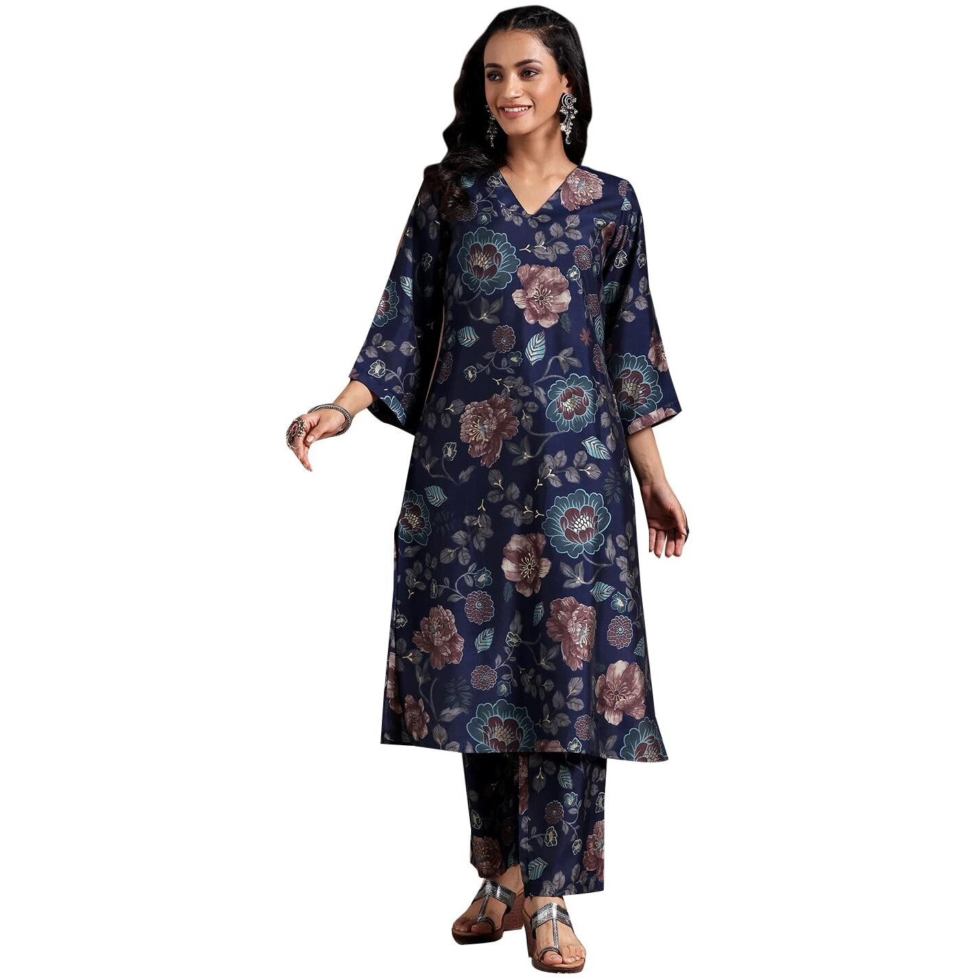 Libas Women's Silk Blend Printed Co-Ords (27798_Blue