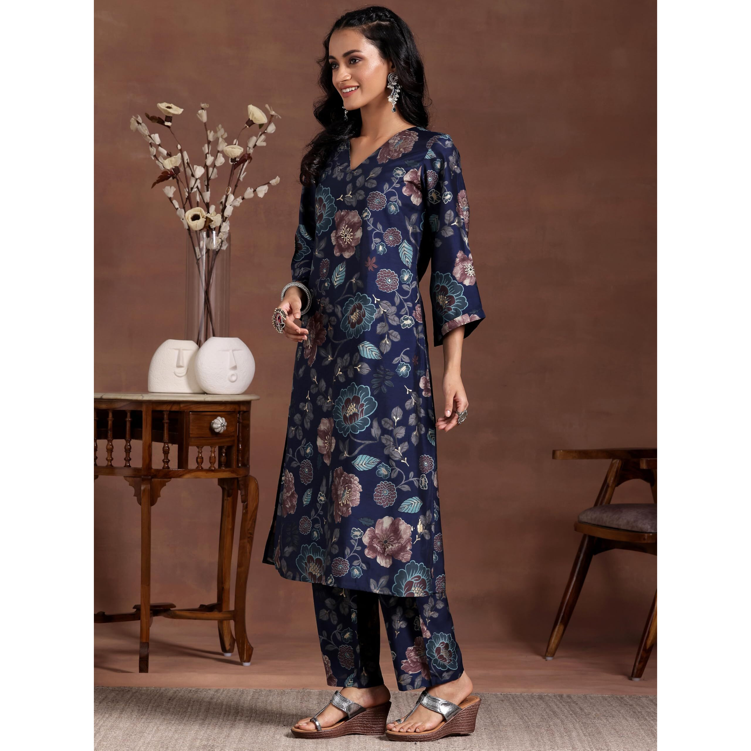 Libas Women's Silk Blend Printed Co-Ords (27798_Blue