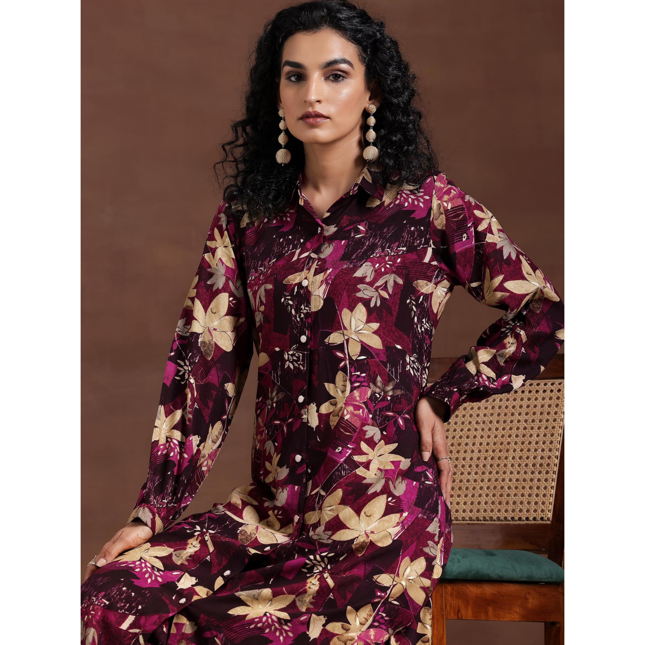 Libas Women's Burgundy Printed Silk Blend Co-Ords Regular 27799