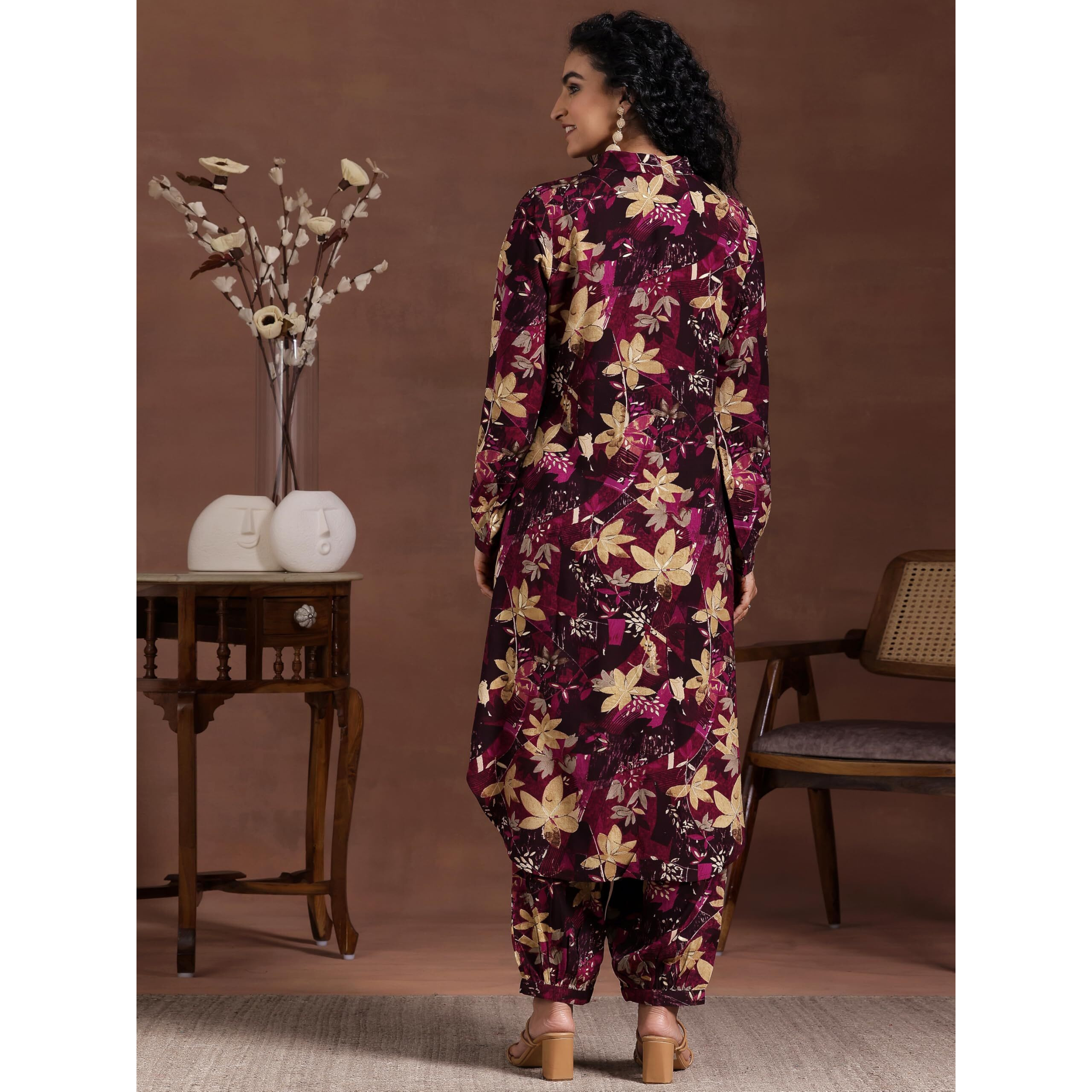 Libas Women's Burgundy Printed Silk Blend Co-Ords Regular 27799
