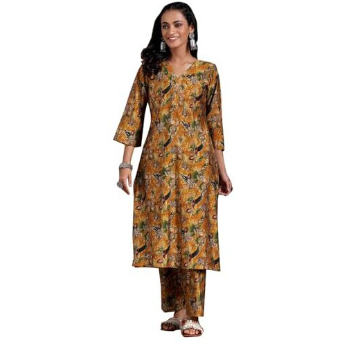 Libas Women's Silk Blend Printed Co-Ords (27808_Mustard