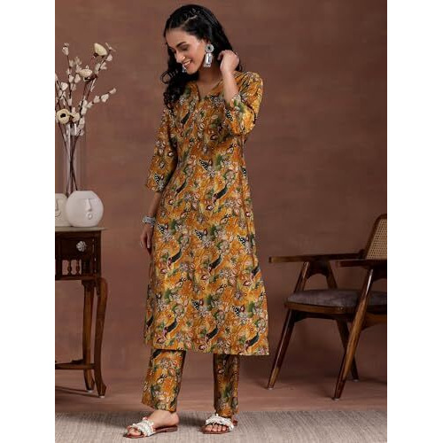 Libas Women's Silk Blend Printed Co-Ords (27808_Mustard