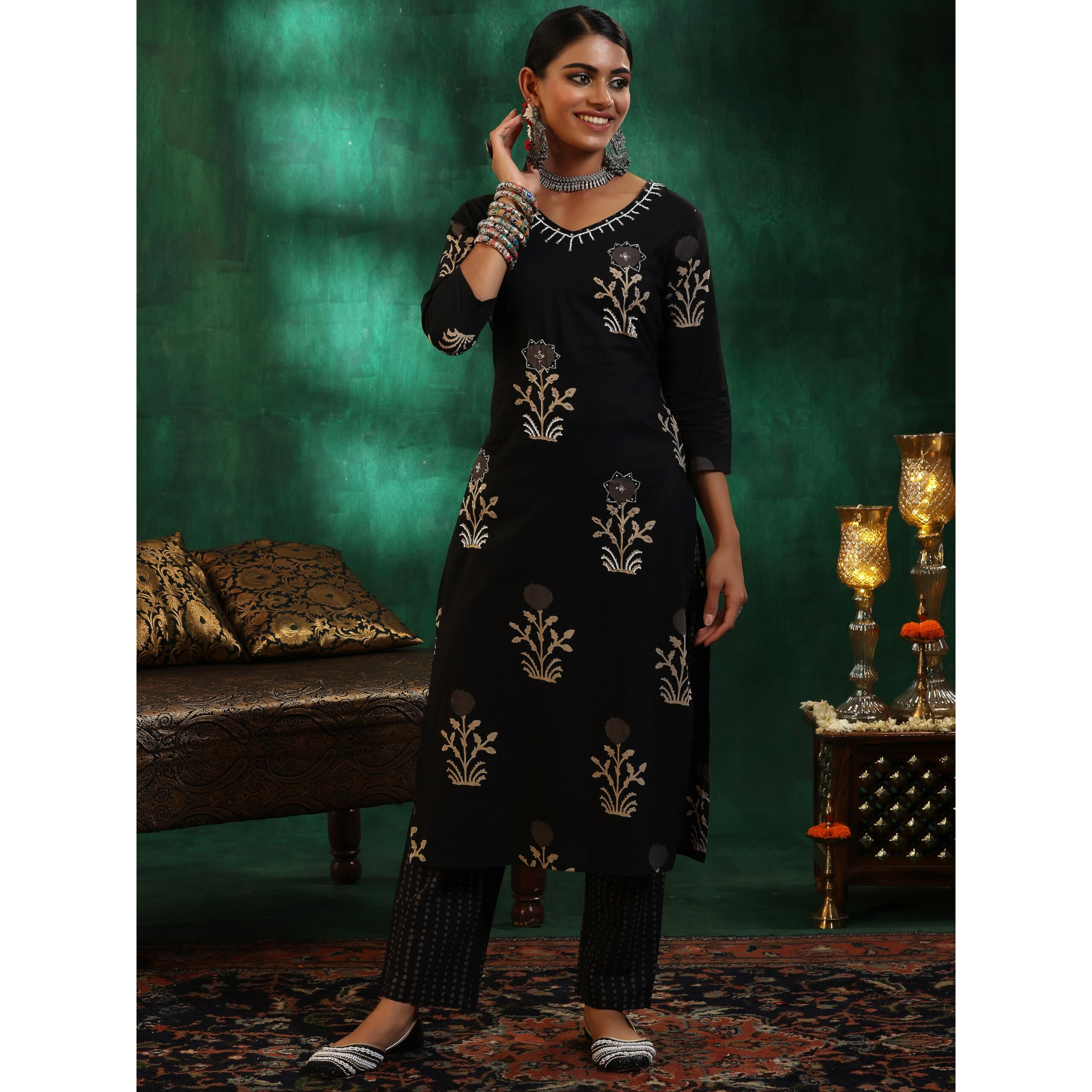 Libas Womens Printed Cotton Straight Kurta With Trousers
