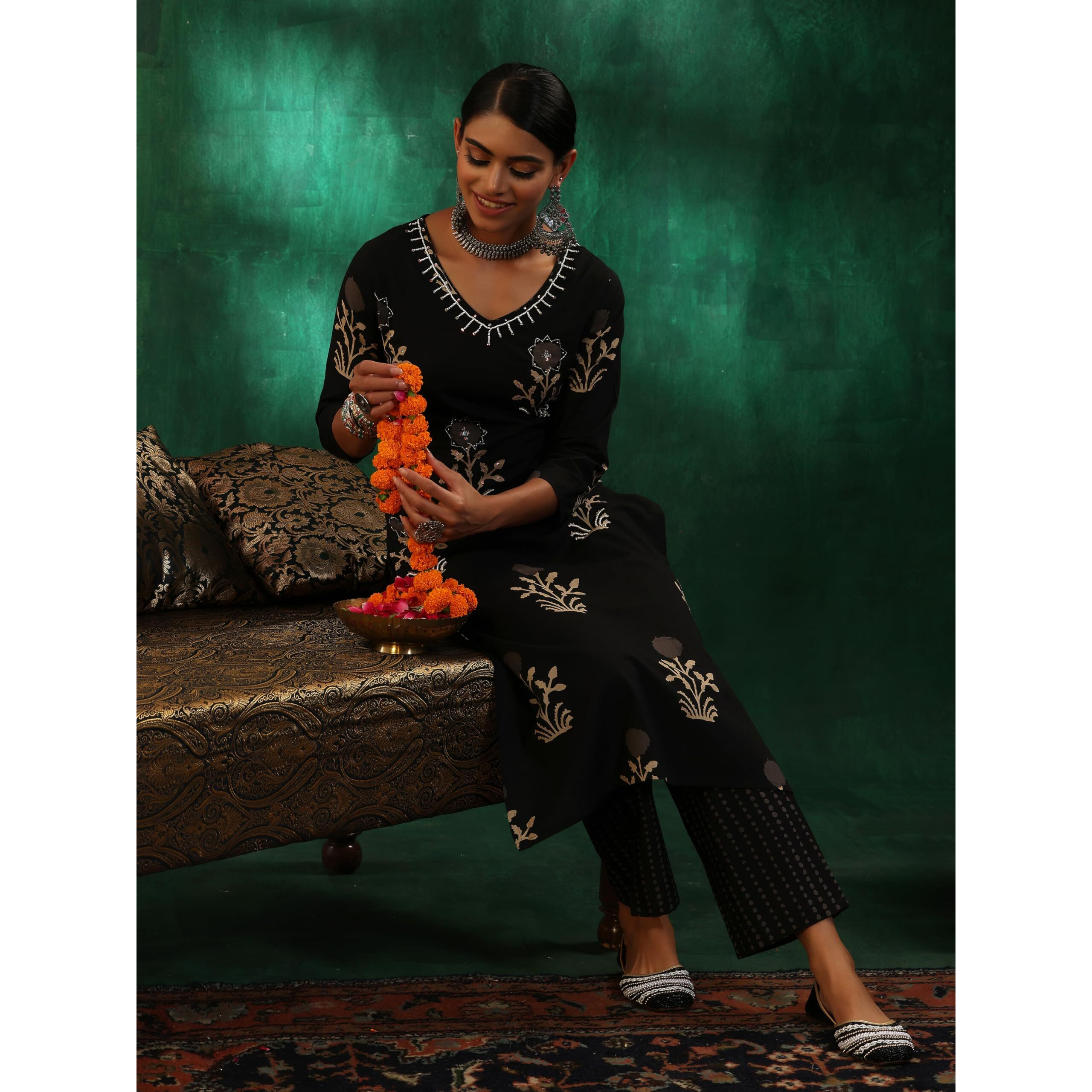 Libas Womens Printed Cotton Straight Kurta With Trousers