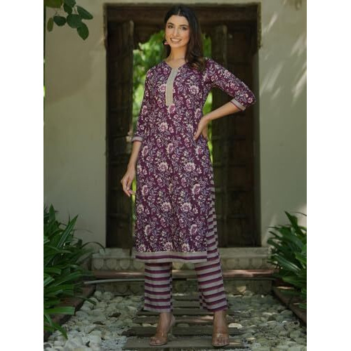 Libas Womens Printed Cotton Straight Kurta With Trousers